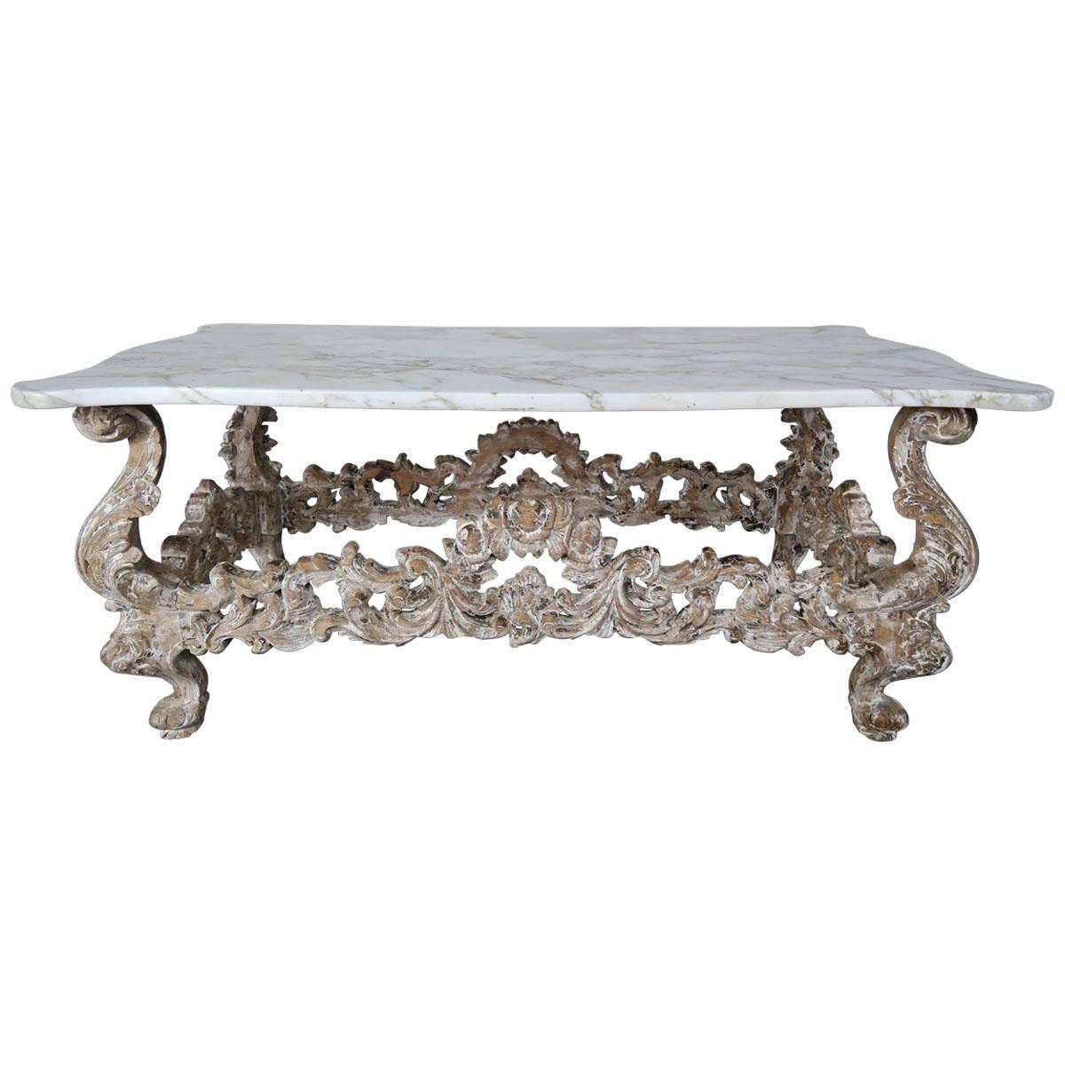 French Louis XV Style Painted Coffee Table with Carrara Marble Top