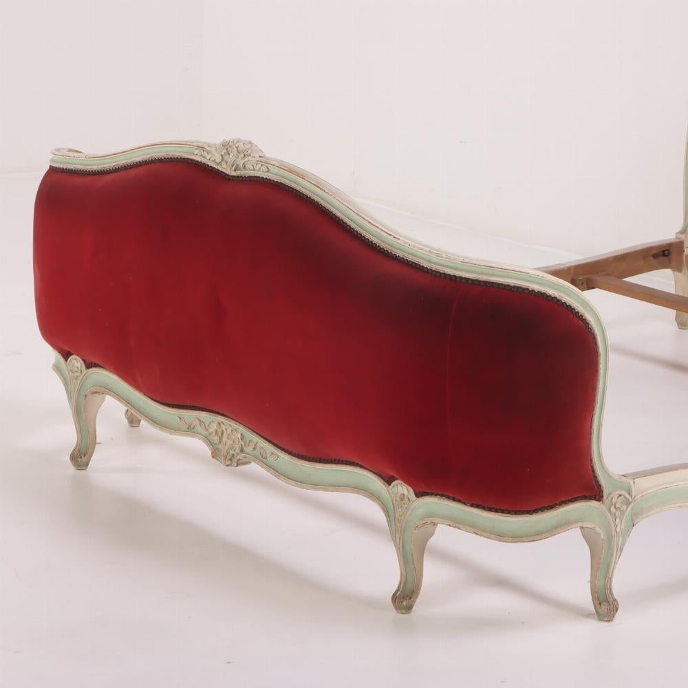 French Louis XV Style Painted Corbeille Bed with Red Upholstery C 1920. In Good Condition In Philadelphia, PA