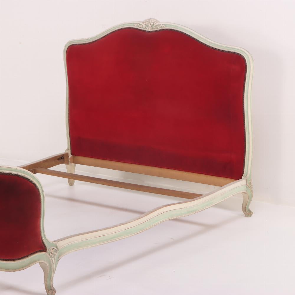 Early 20th Century French Louis XV Style Painted Corbeille Bed with Red Upholstery C 1920.