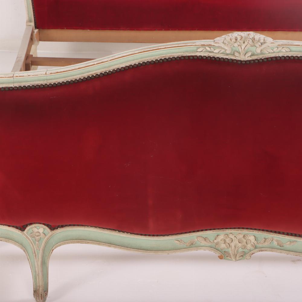 French Louis XV Style Painted Corbeille Bed with Red Upholstery C 1920. 1