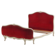 French Louis XV Style Painted Corbeille Bed with Red Upholstery C 1920.