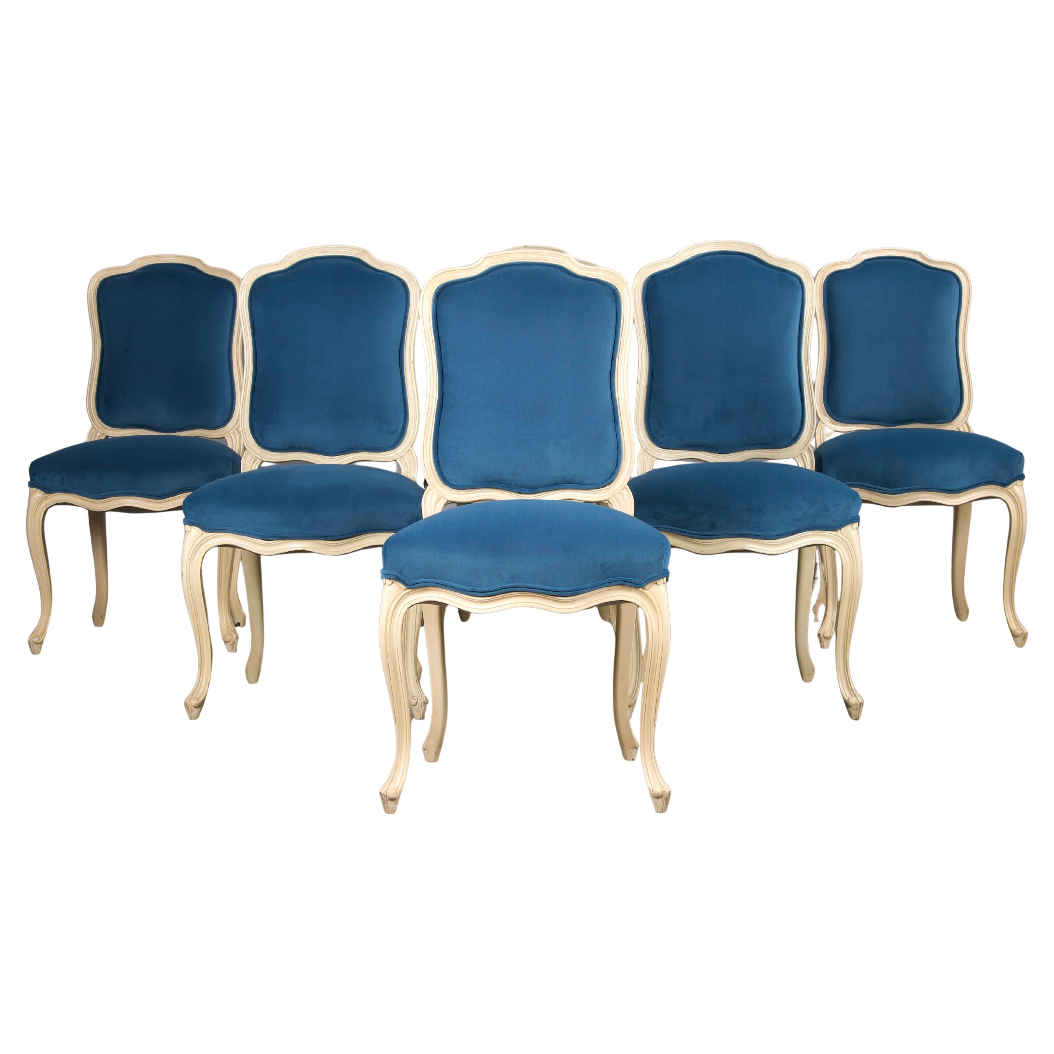 French Louis XV Style Painted Dining Chairs W/ Blue Velvet - Set of 6