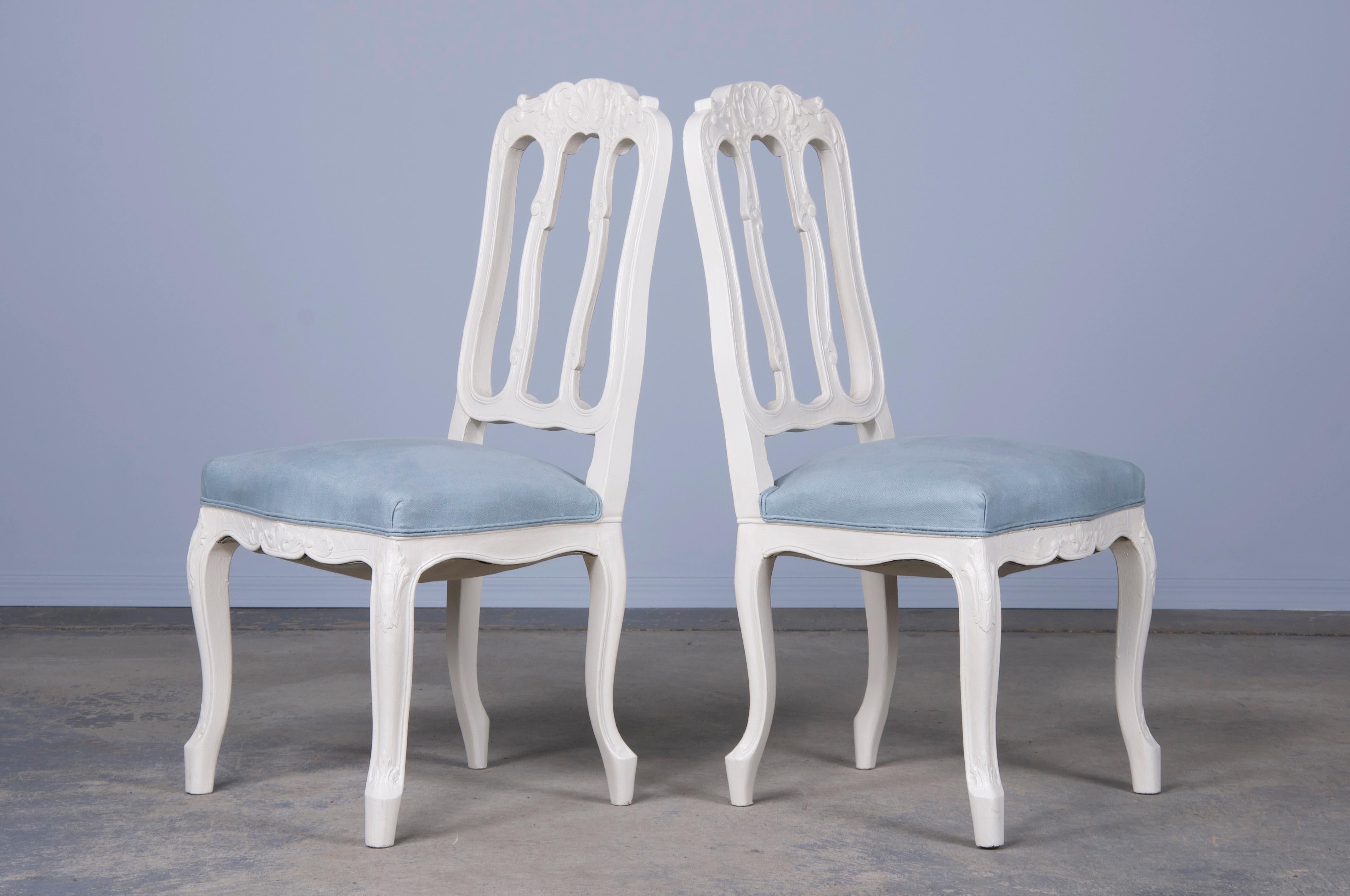 French Louis XV Style Painted Dining Chairs W/ Light Blue Linen- Set of 8 5