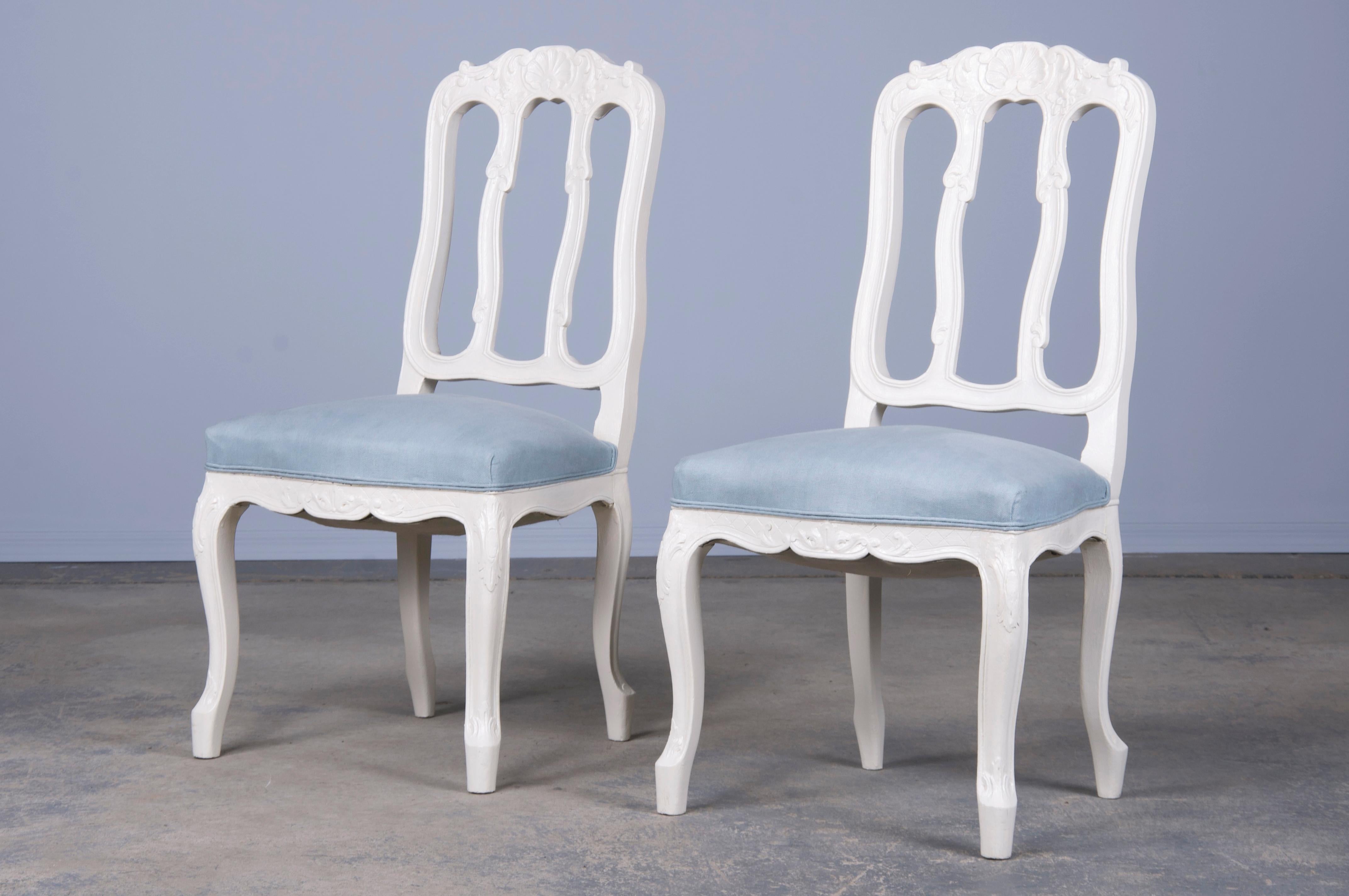 French Louis XV Style Painted Dining Chairs W/ Light Blue Linen- Set of 8 7