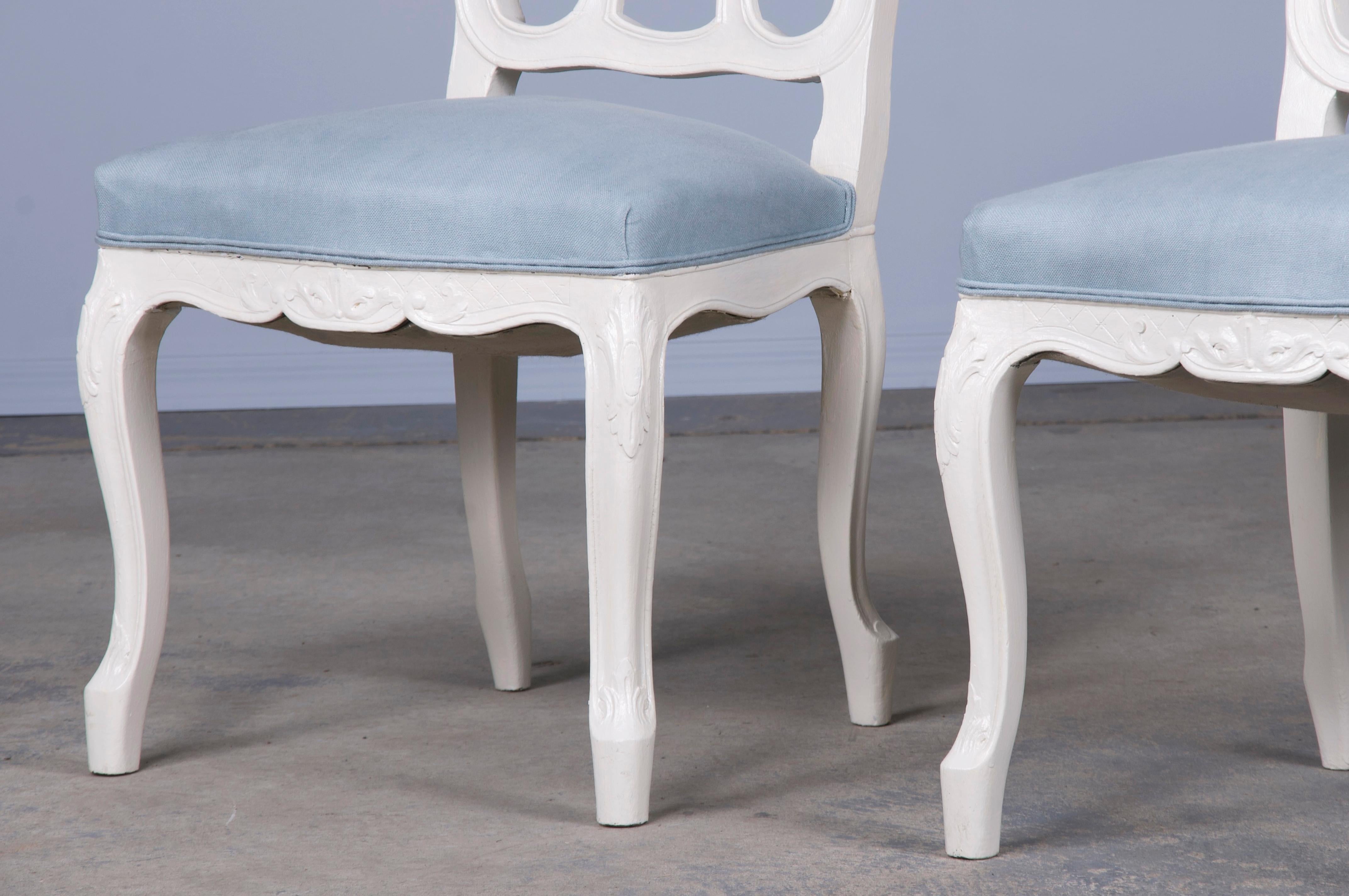 French Louis XV Style Painted Dining Chairs W/ Light Blue Linen- Set of 8 8
