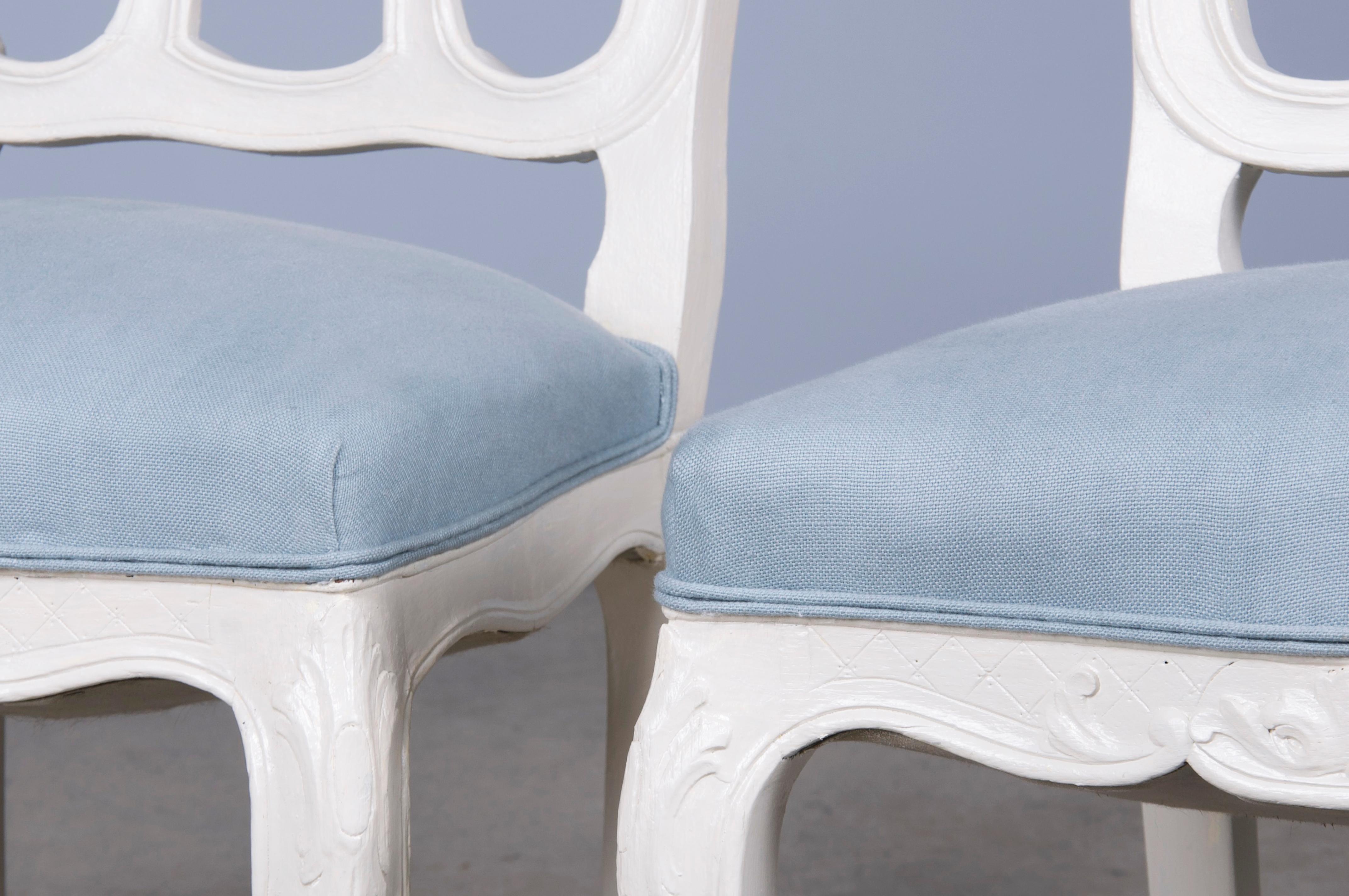 French Louis XV Style Painted Dining Chairs W/ Light Blue Linen- Set of 8 9