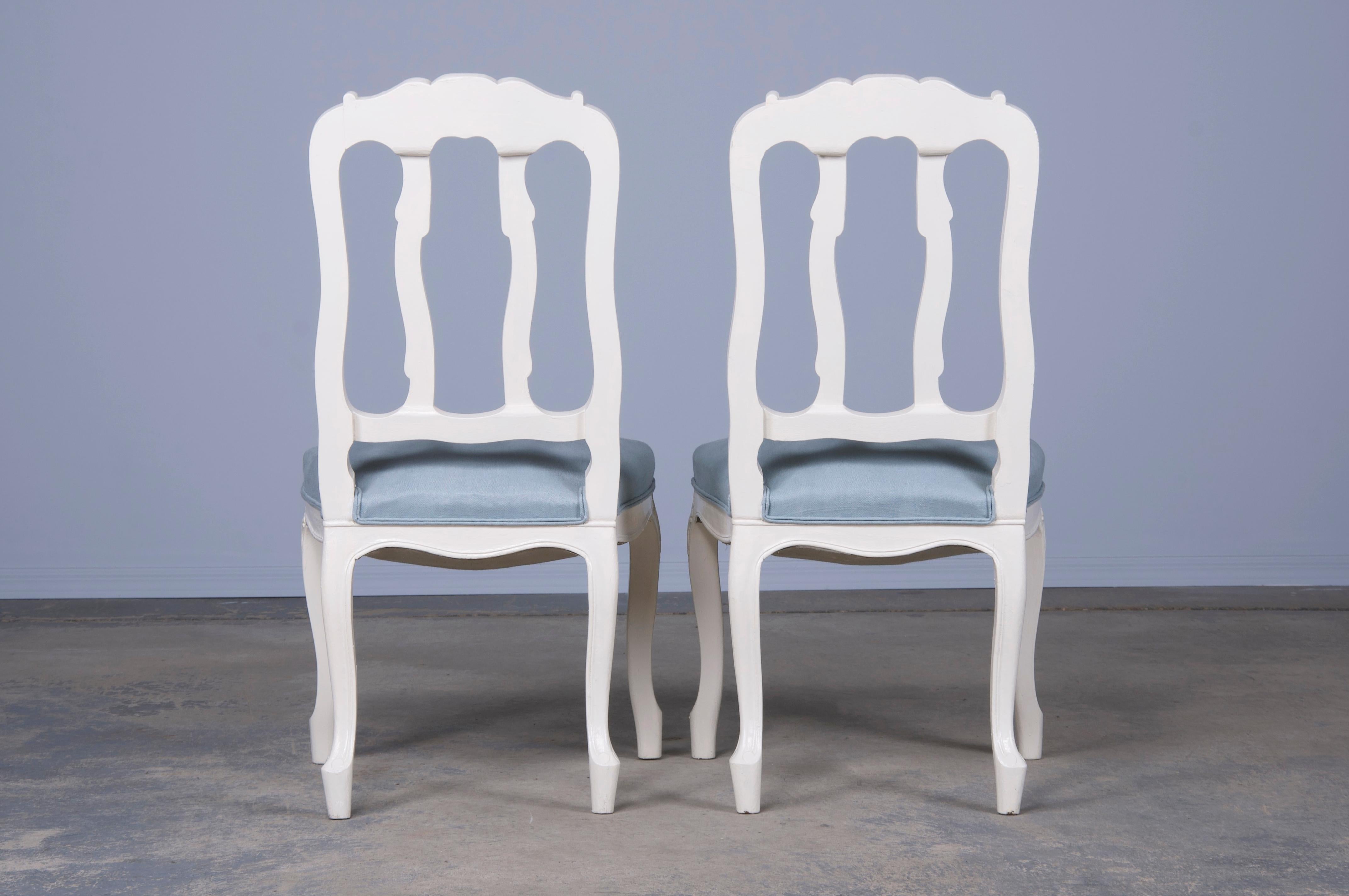 French Louis XV Style Painted Dining Chairs W/ Light Blue Linen- Set of 8 10