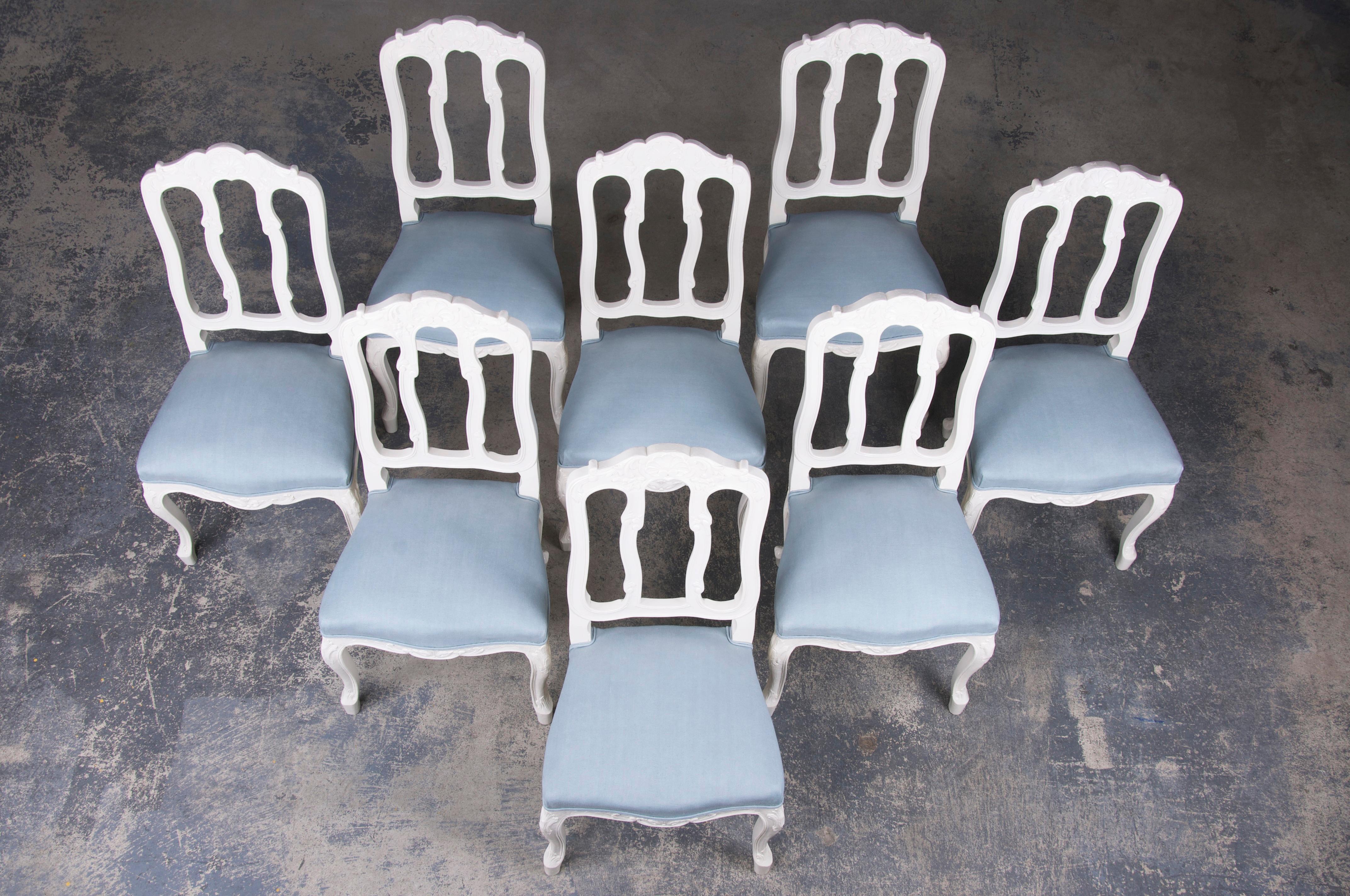 Hand-Carved French Louis XV Style Painted Dining Chairs W/ Light Blue Linen- Set of 8