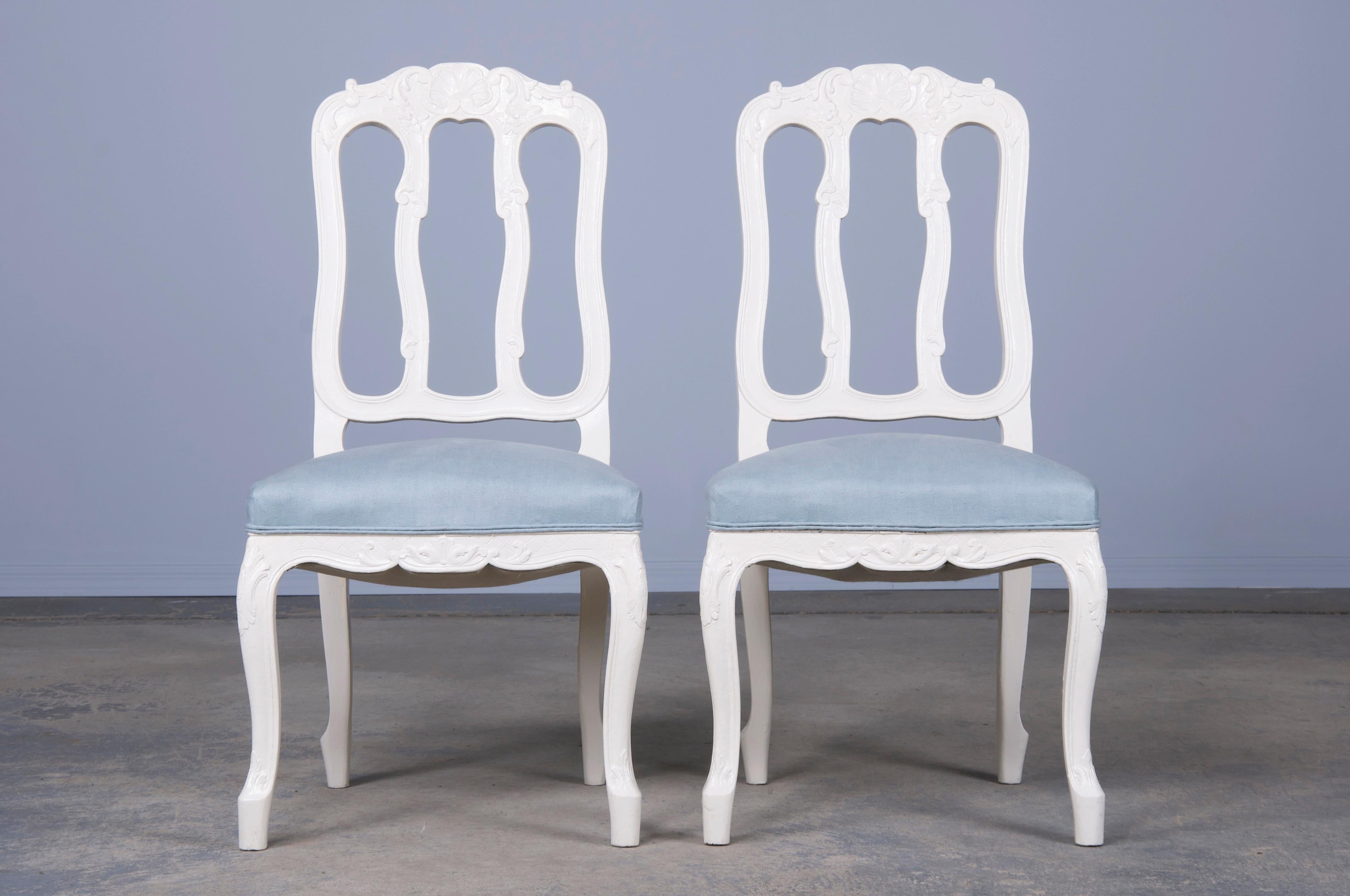 20th Century French Louis XV Style Painted Dining Chairs W/ Light Blue Linen- Set of 8