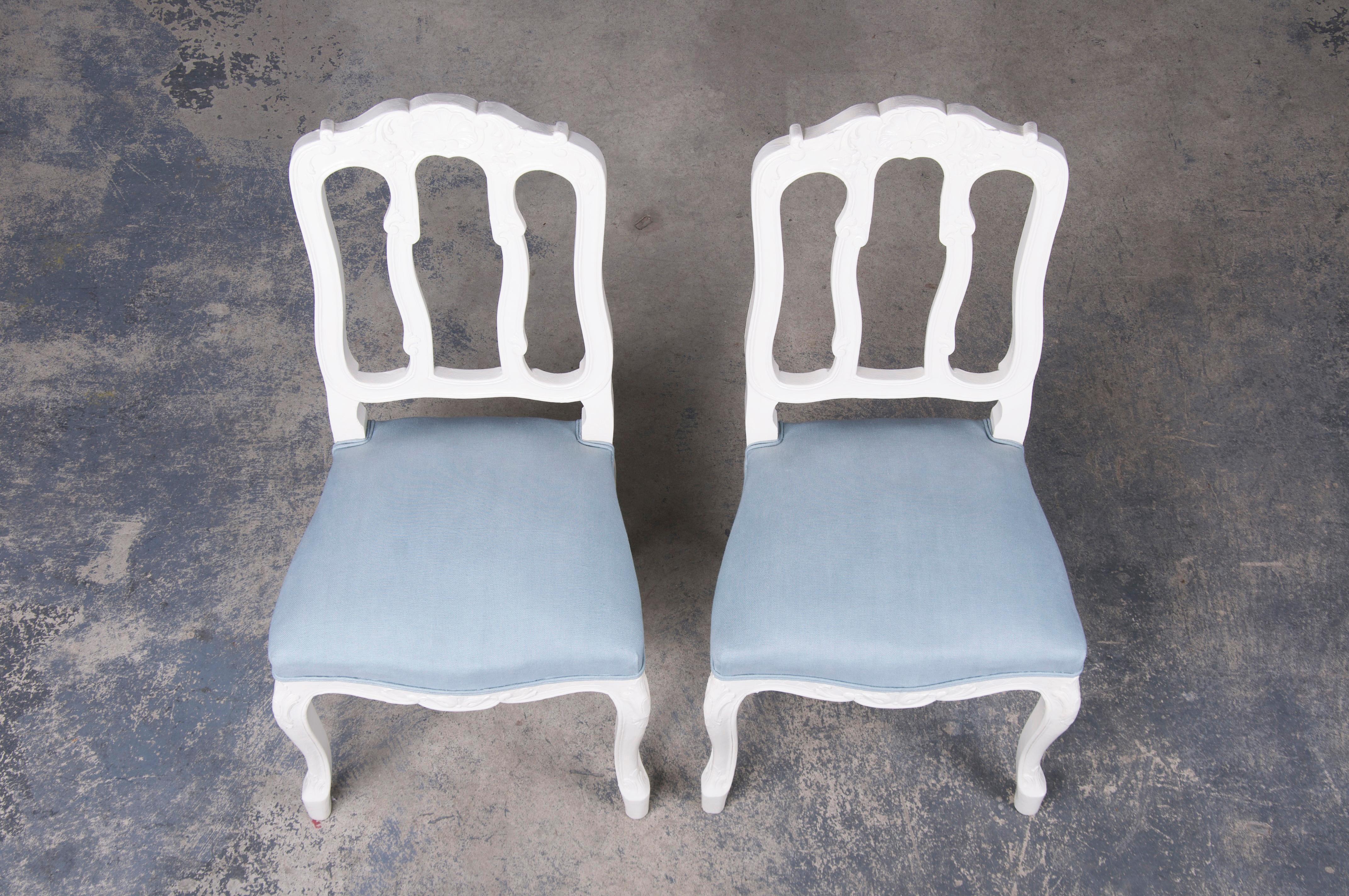 French Louis XV Style Painted Dining Chairs W/ Light Blue Linen- Set of 8 1