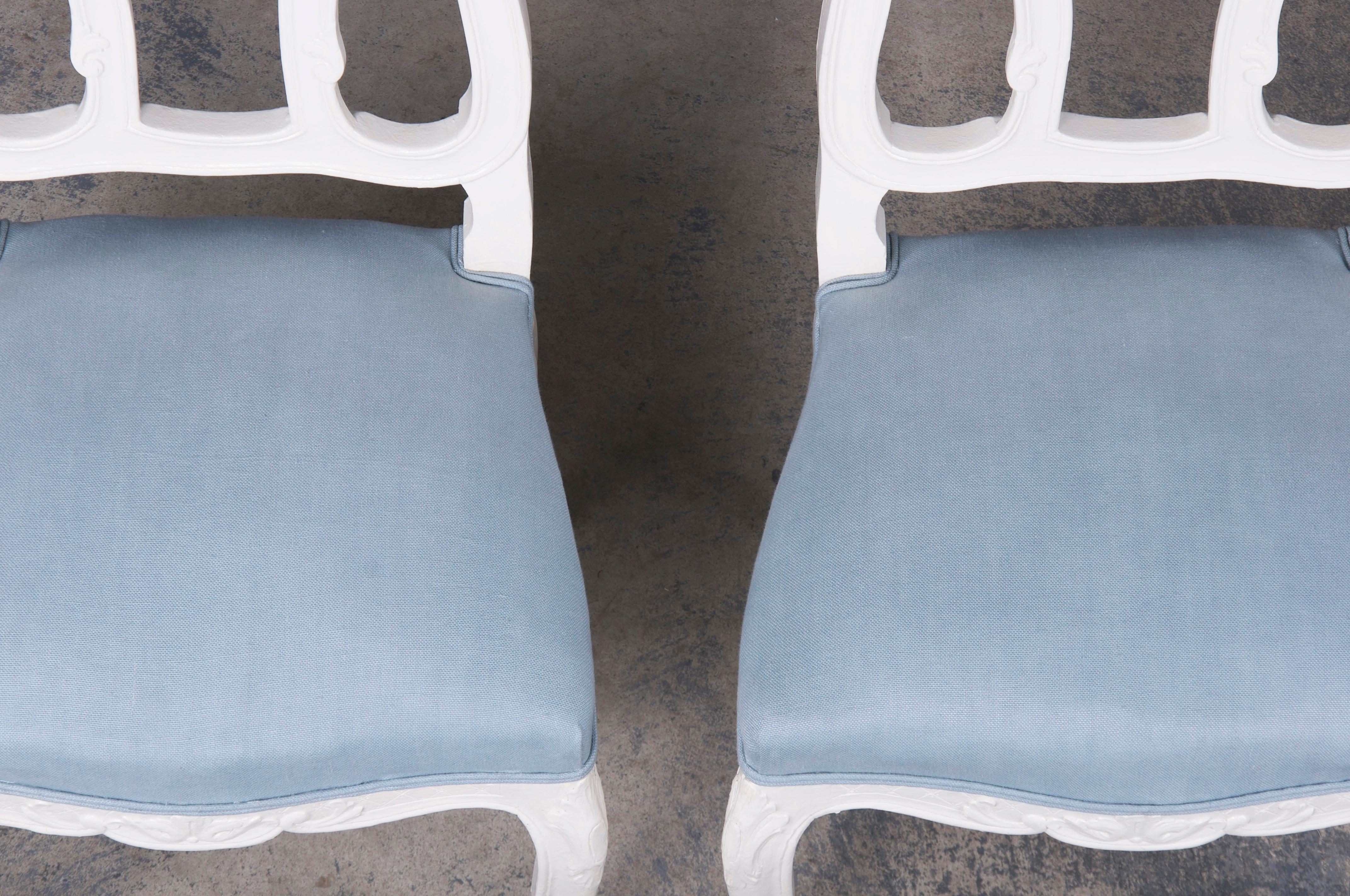 French Louis XV Style Painted Dining Chairs W/ Light Blue Linen- Set of 8 2