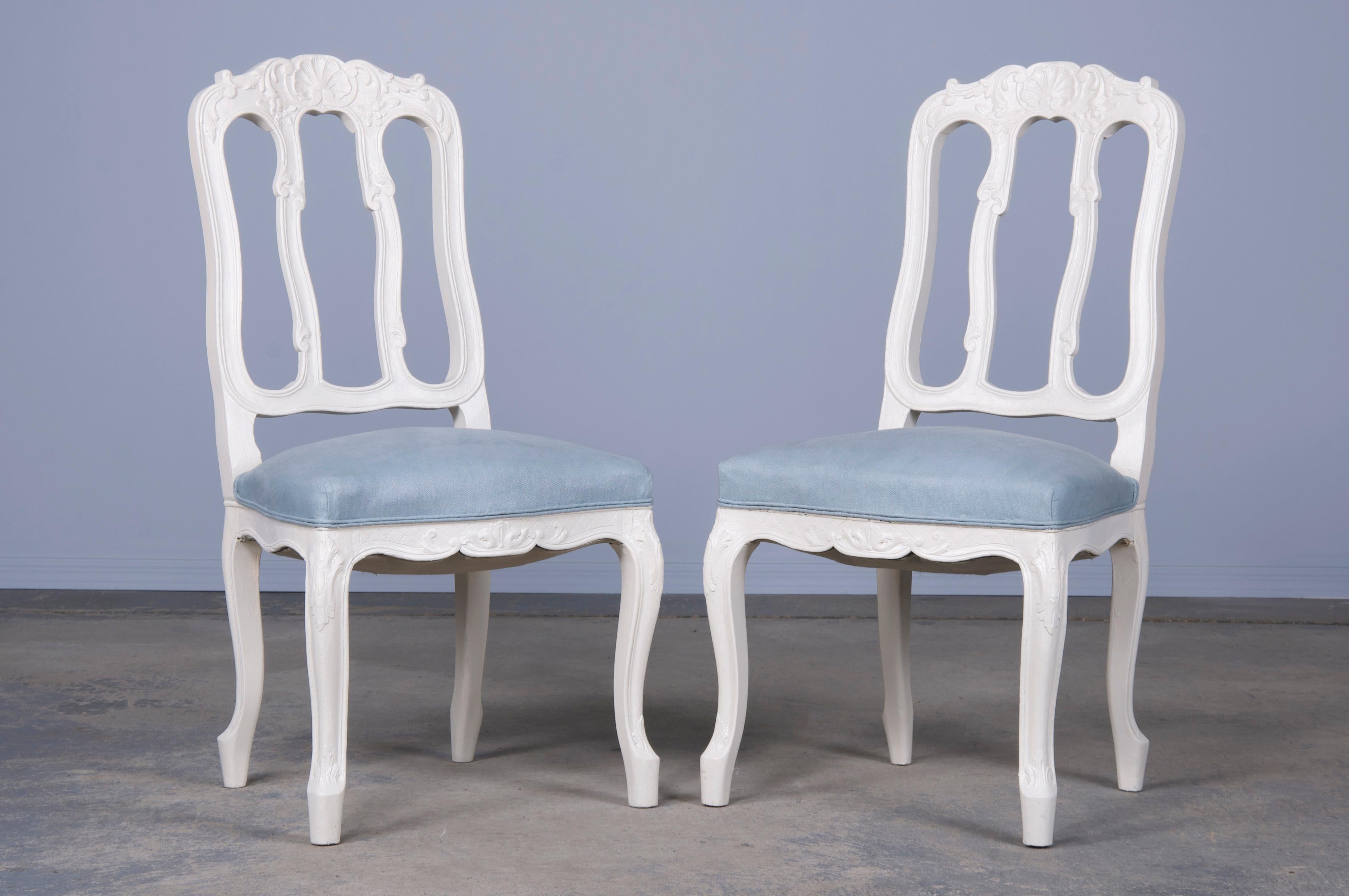 French Louis XV Style Painted Dining Chairs W/ Light Blue Linen- Set of 8 3