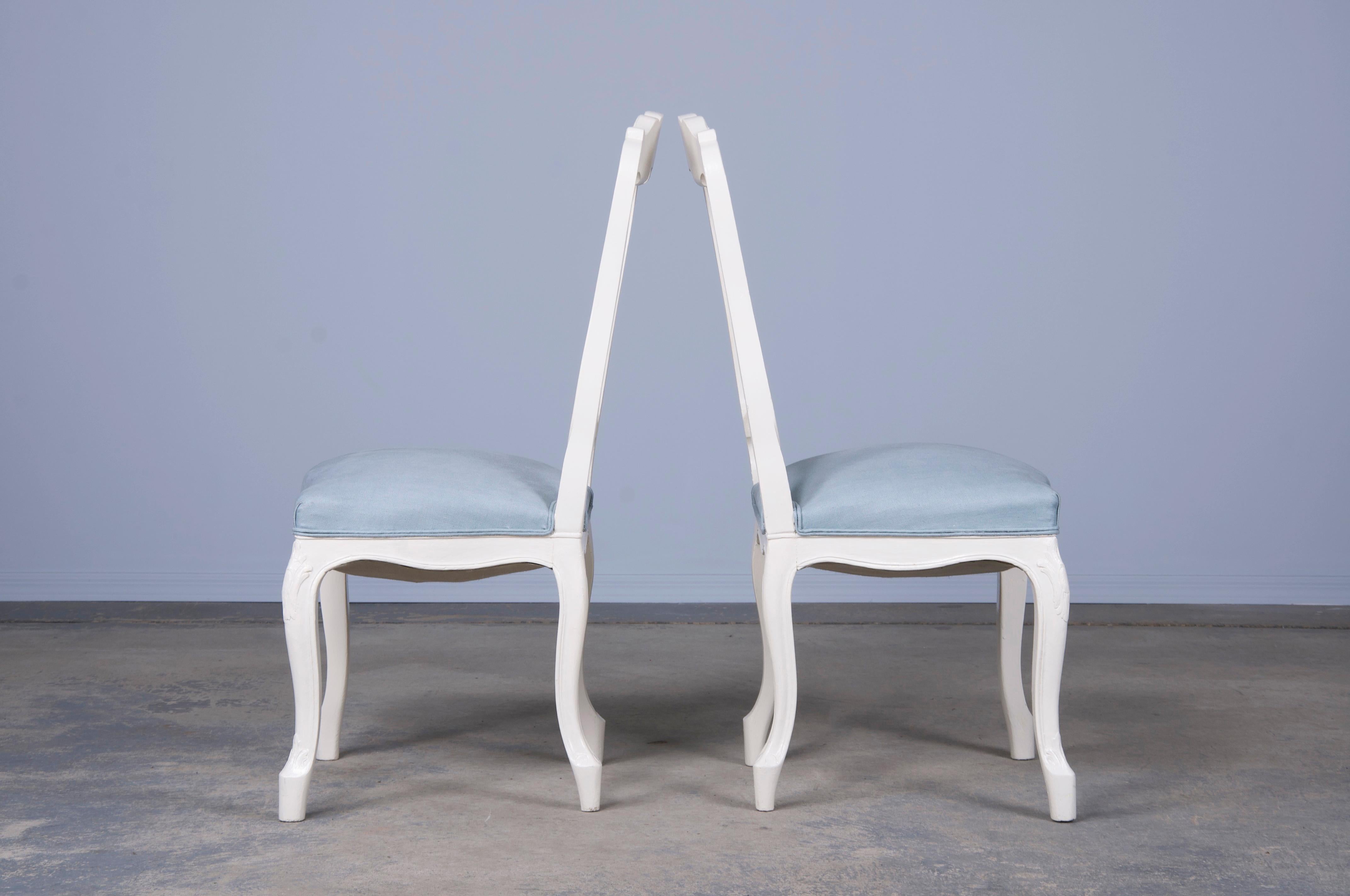 French Louis XV Style Painted Dining Chairs W/ Light Blue Linen- Set of 8 4