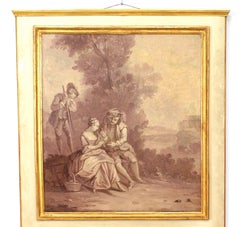 Französischer bemalter Trumeau-Wandspiegel im Louis XV-Stil mit romantischen Szenen