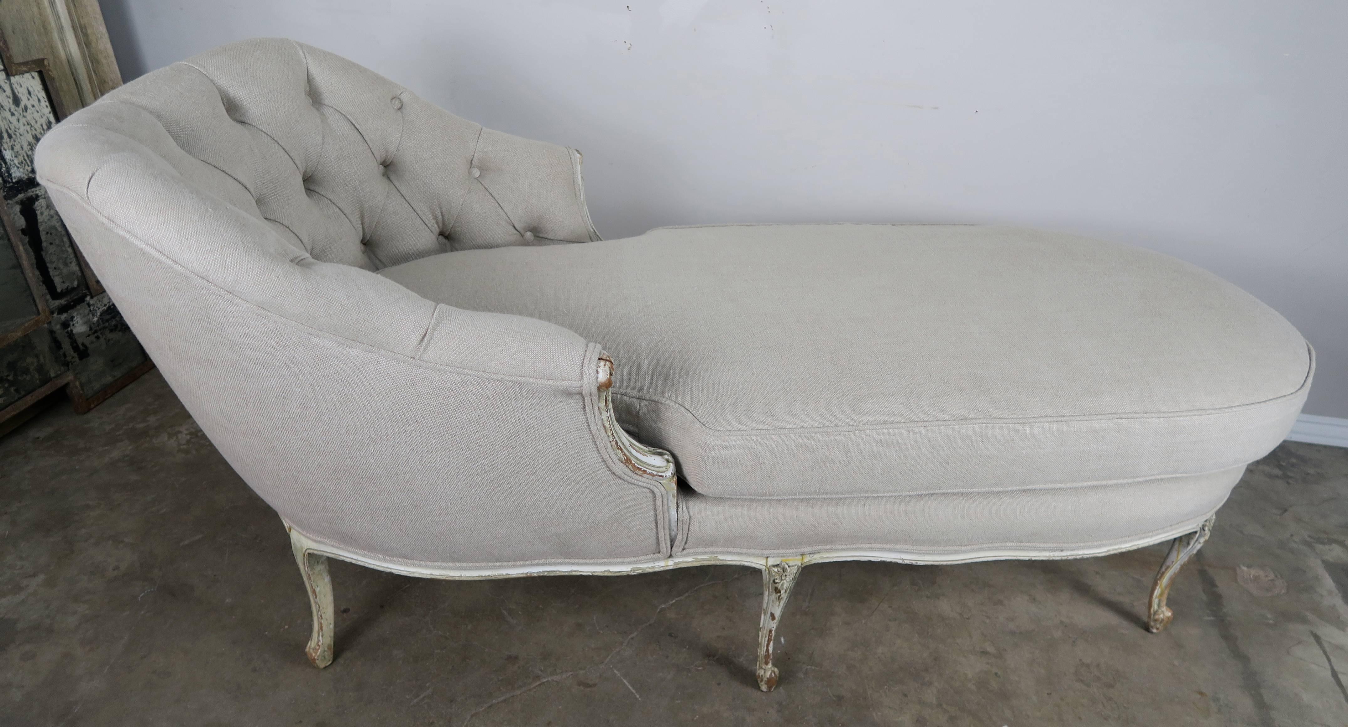 French Louis XV Style Painted Linen Chaise 2