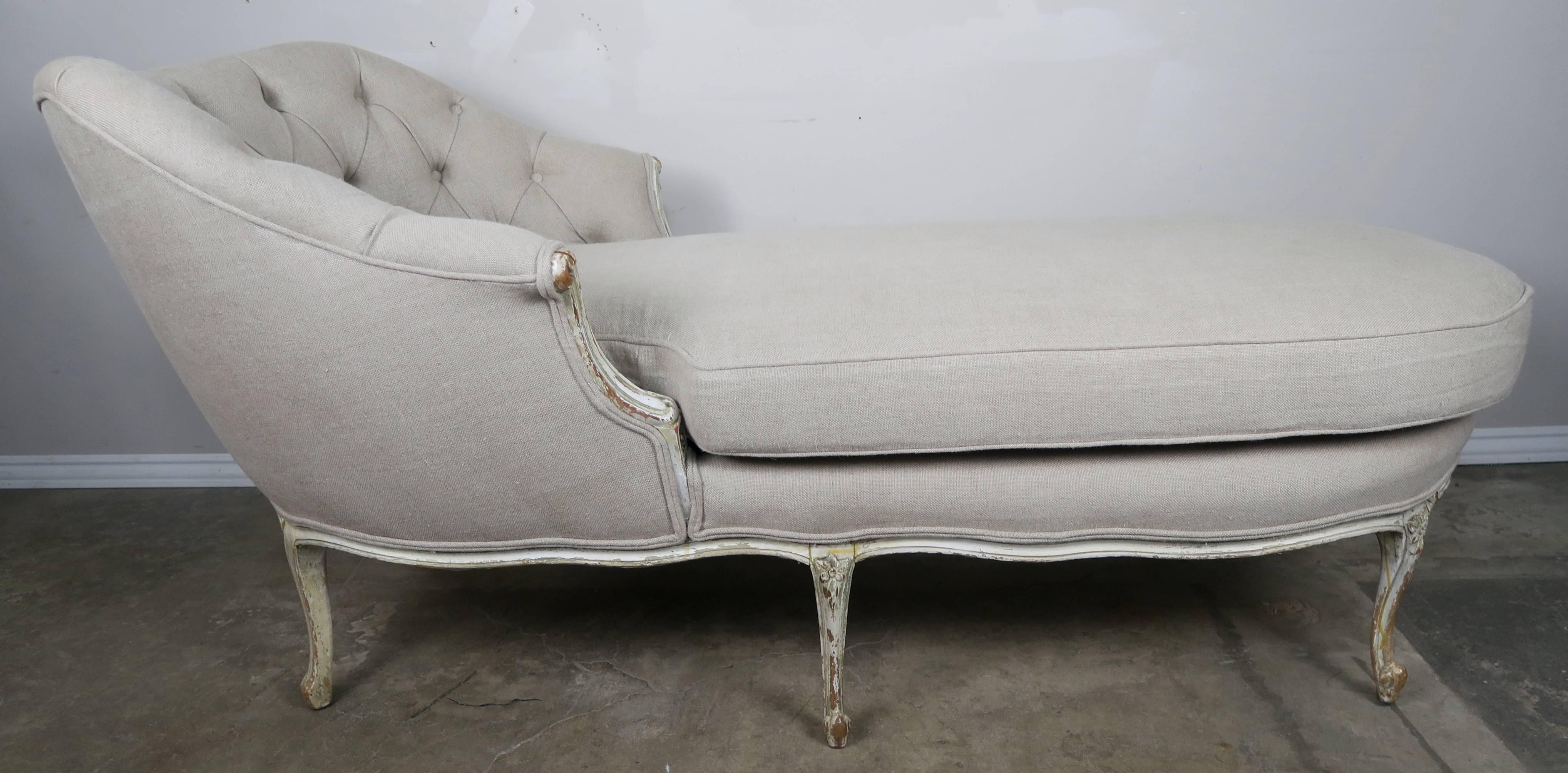French Louis XV Style Painted Linen Chaise 4
