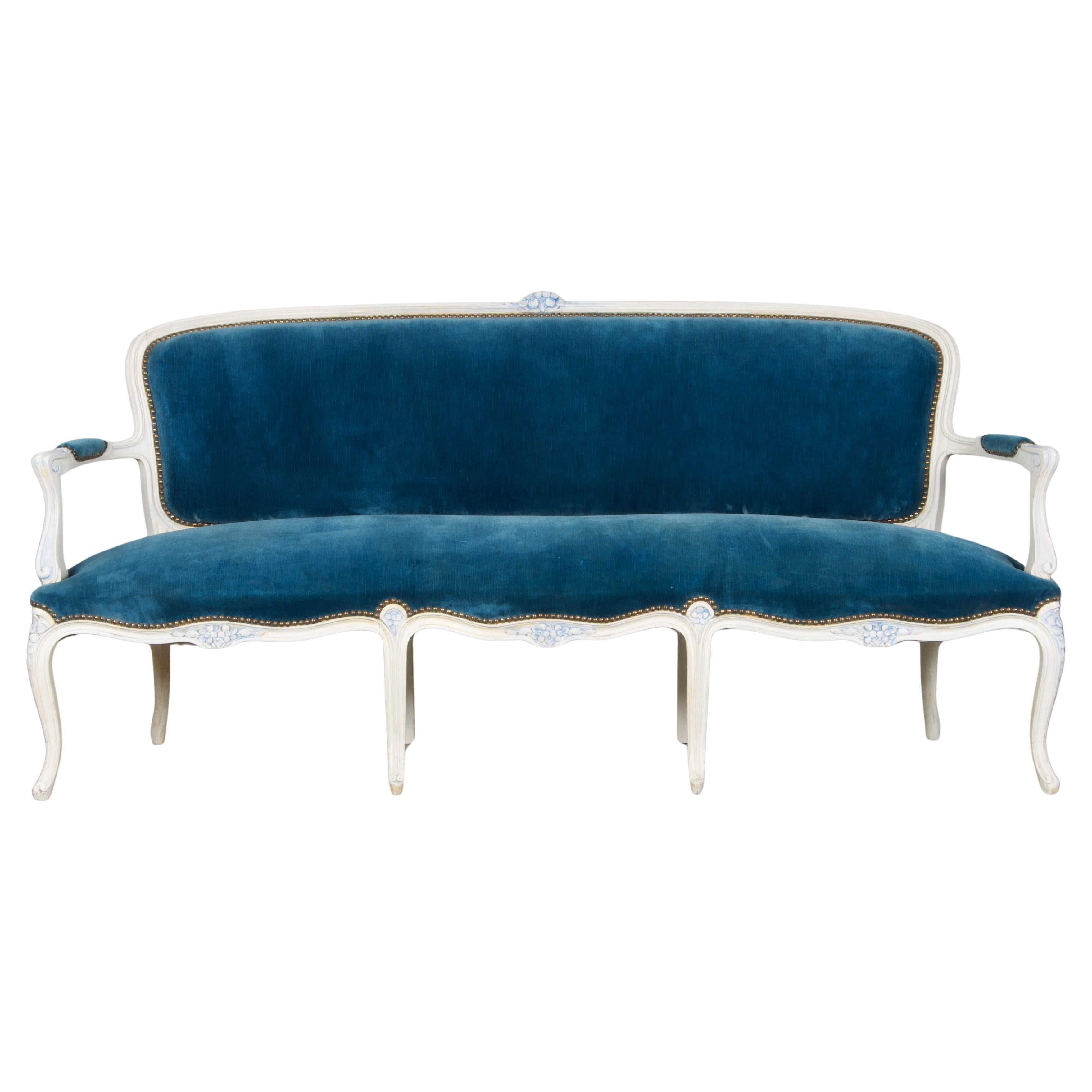 French Louis XV Style Painted Settee in Blue Velvet