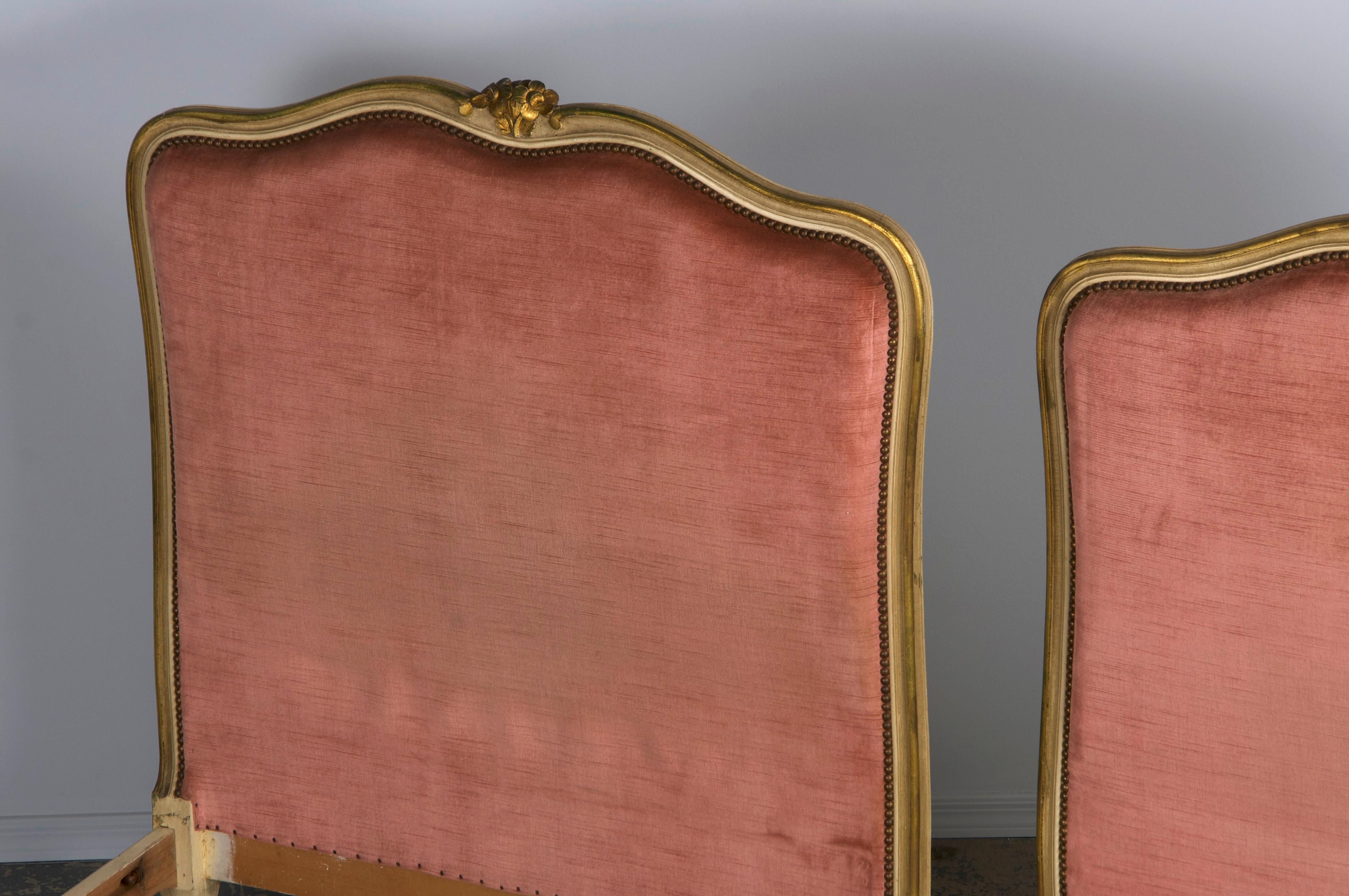 French Louis XV Style Painted Twin Size Bedframes W/ Rose Velvet - A Pair 5