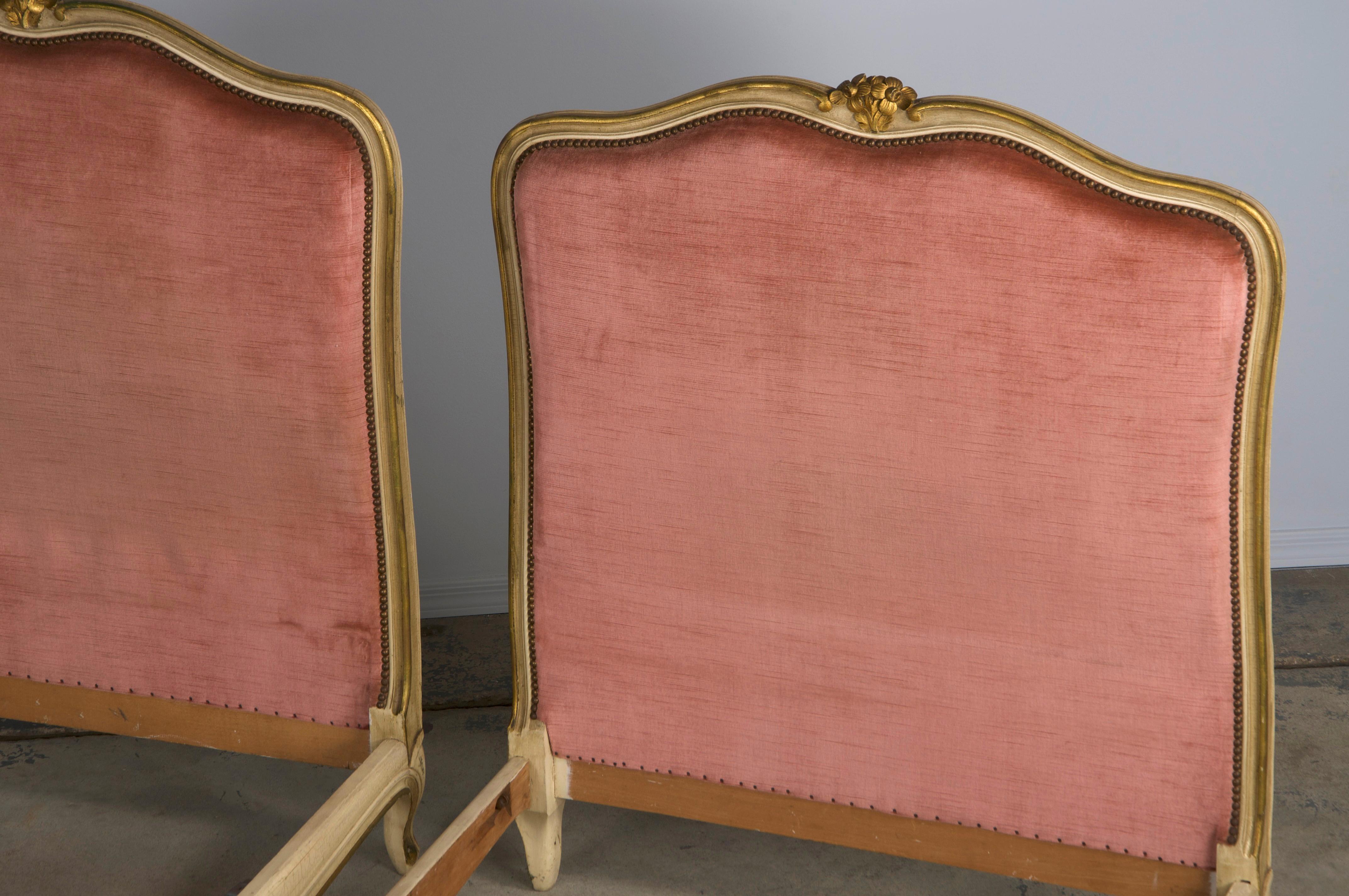 French Louis XV Style Painted Twin Size Bedframes W/ Rose Velvet - A Pair 6