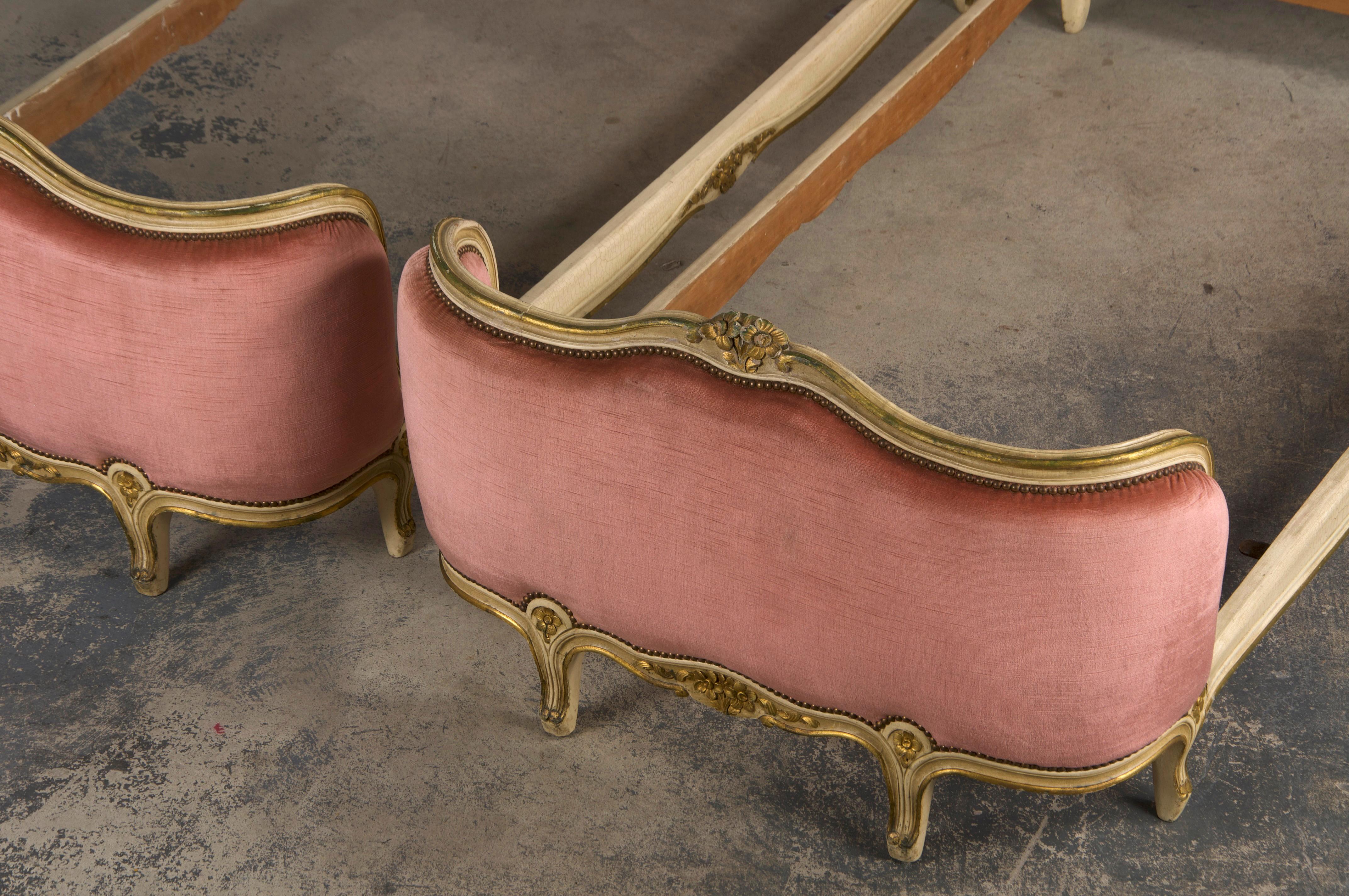 French Louis XV Style Painted Twin Size Bedframes W/ Rose Velvet - A Pair 7