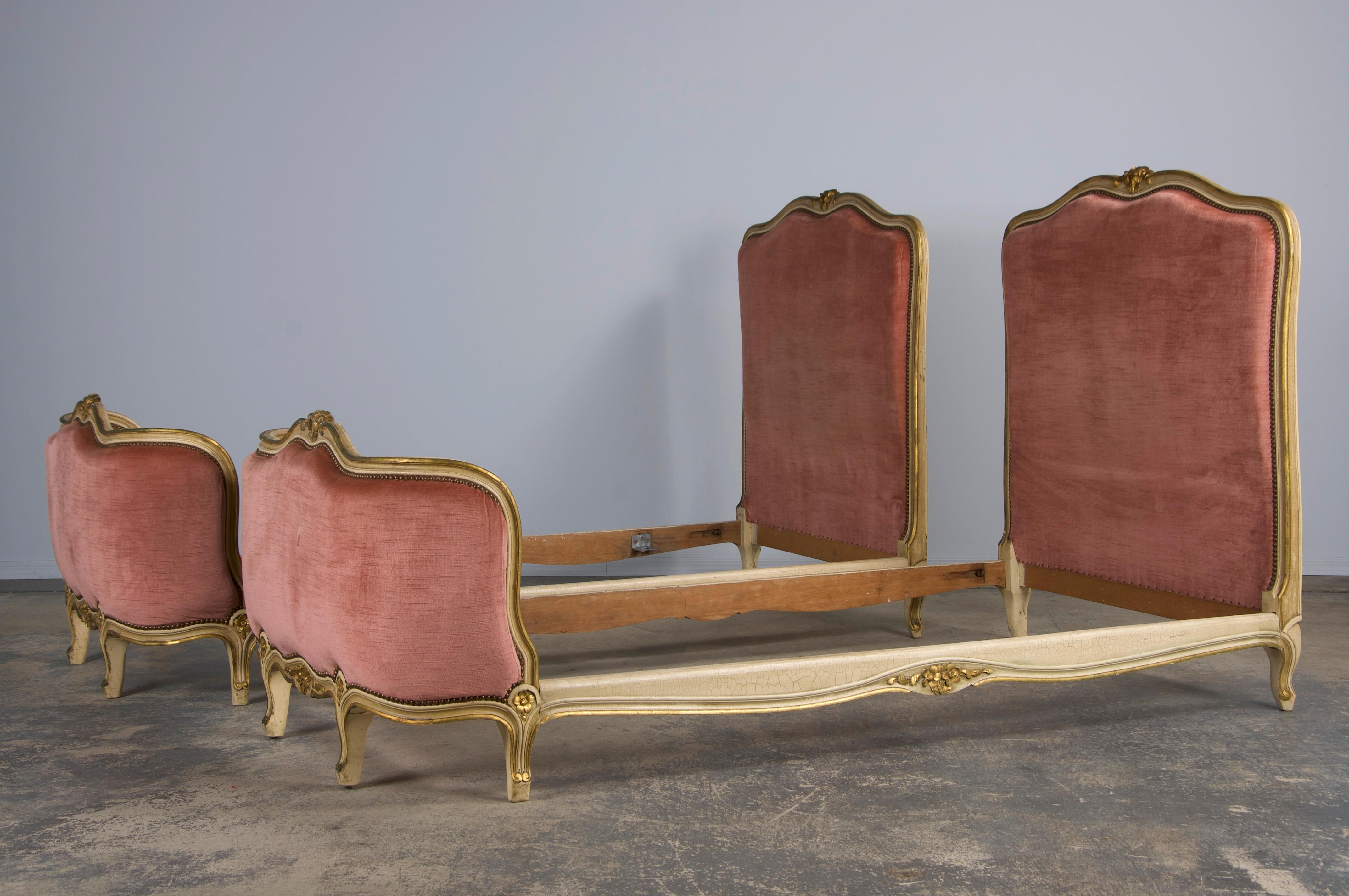 French Louis XV Style Painted Twin Size Bedframes W/ Rose Velvet - A Pair 8