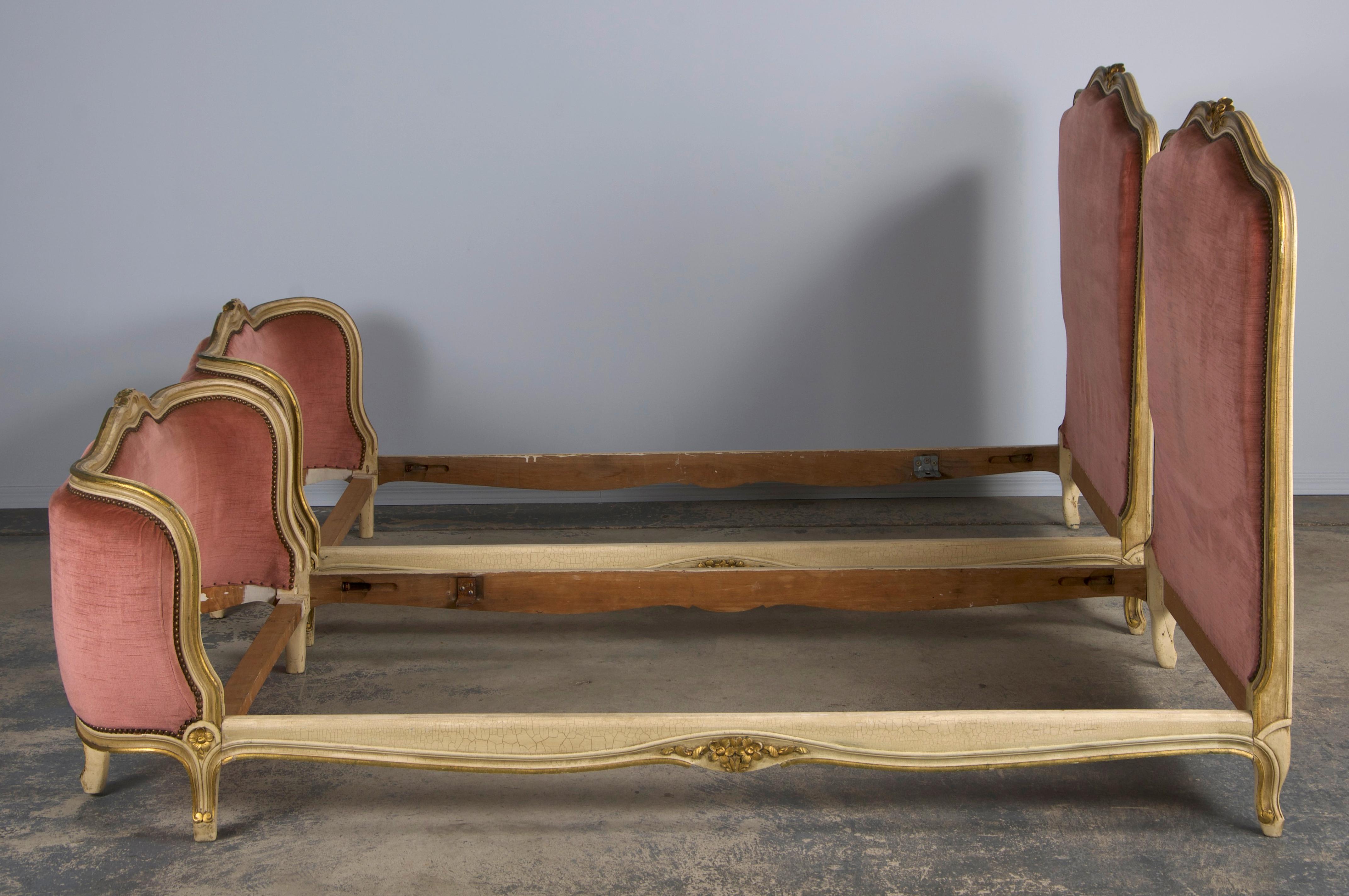 French Louis XV Style Painted Twin Size Bedframes W/ Rose Velvet - A Pair 9