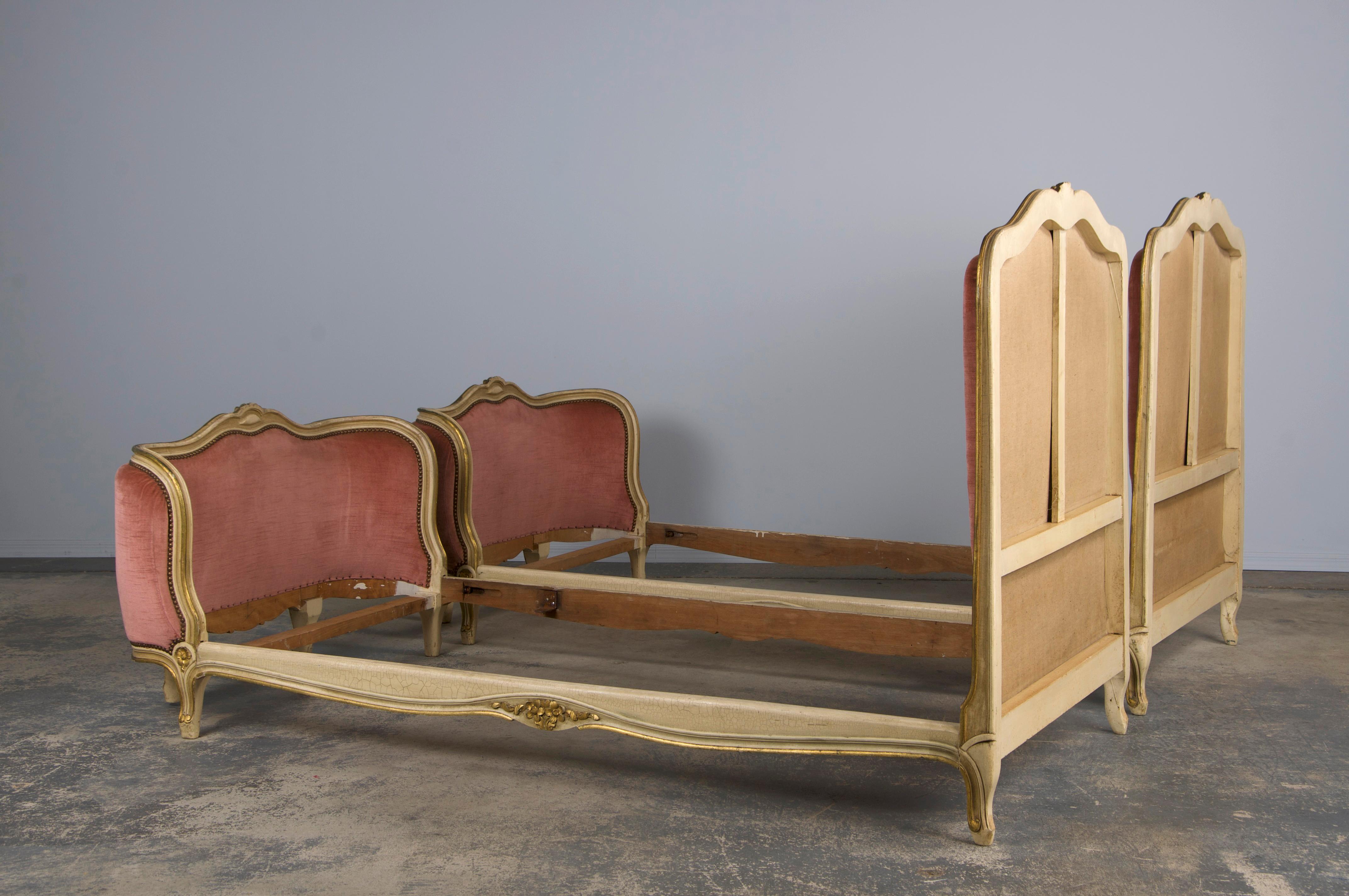 French Louis XV Style Painted Twin Size Bedframes W/ Rose Velvet - A Pair 14