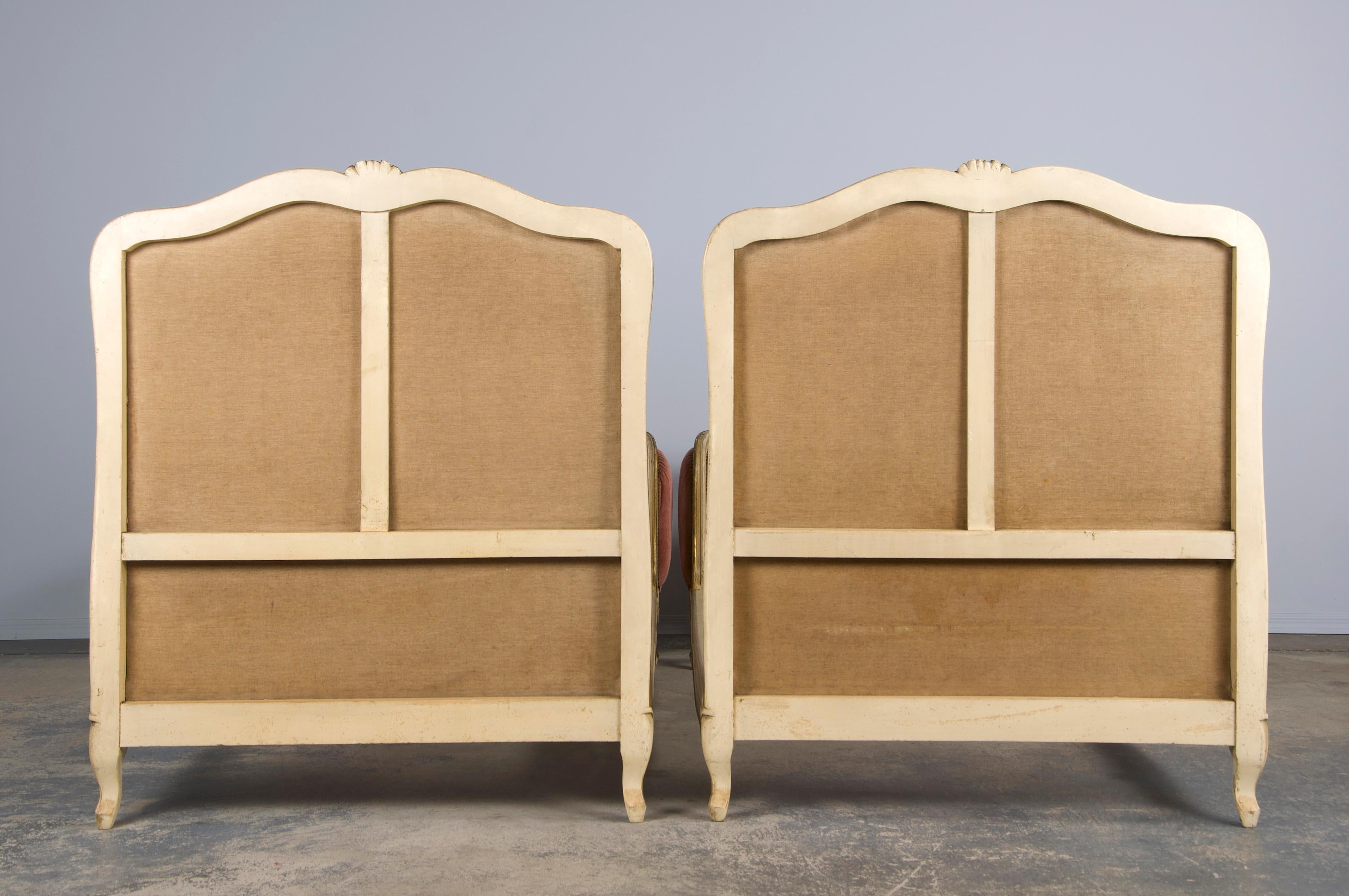 French Louis XV Style Painted Twin Size Bedframes W/ Rose Velvet - A Pair 15