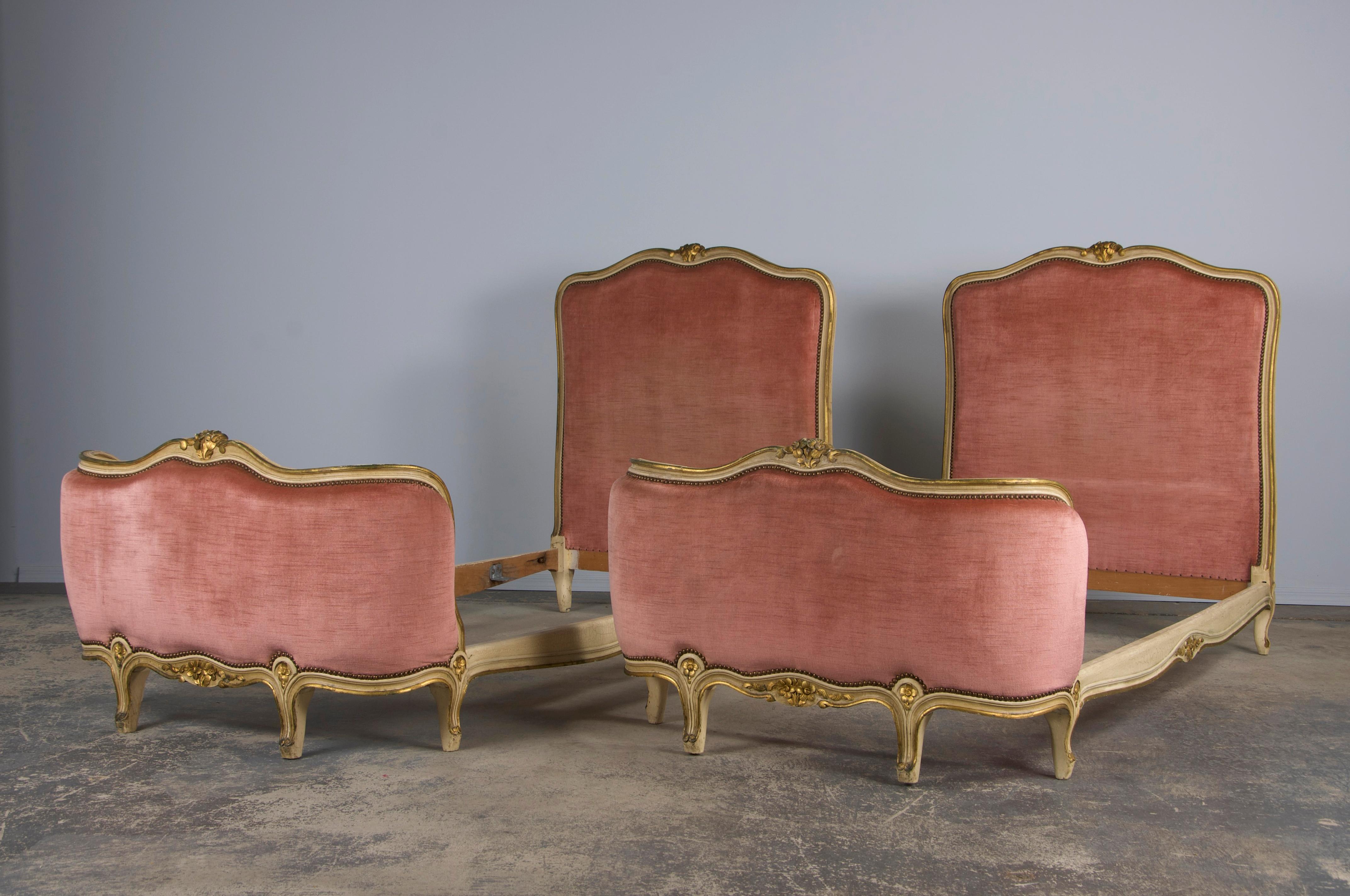 Hand-Carved French Louis XV Style Painted Twin Size Bedframes W/ Rose Velvet - A Pair