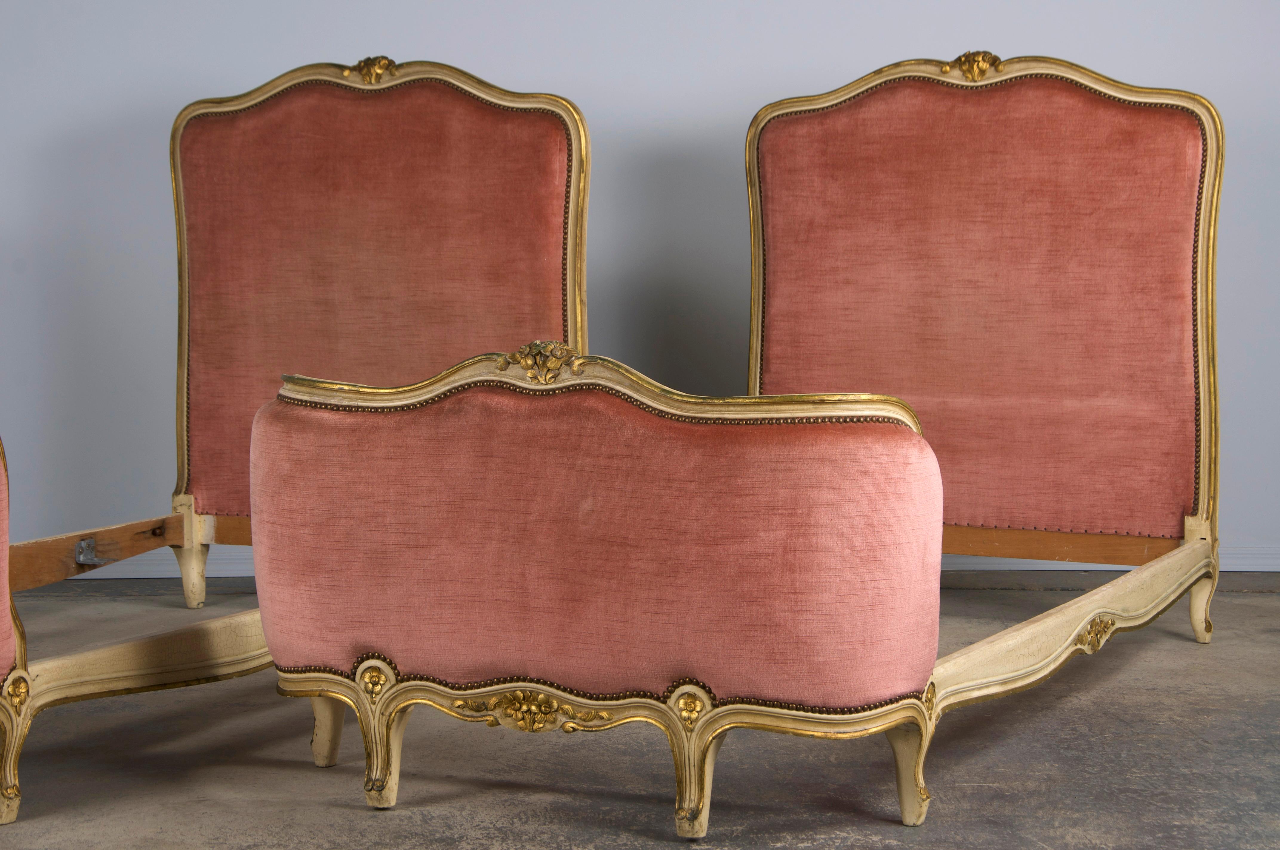 French Louis XV Style Painted Twin Size Bedframes W/ Rose Velvet - A Pair In Good Condition In Astoria, NY