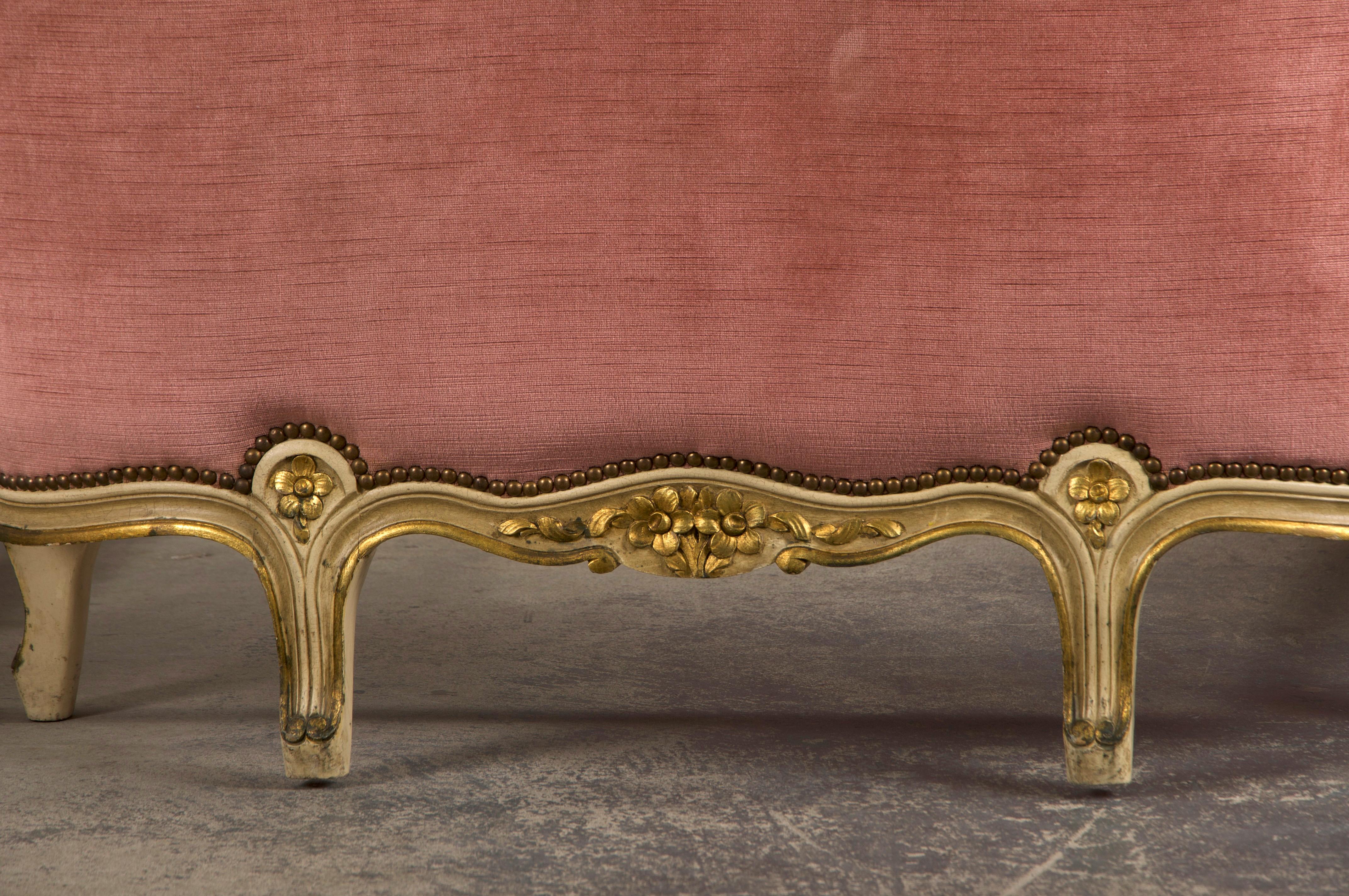 20th Century French Louis XV Style Painted Twin Size Bedframes W/ Rose Velvet - A Pair