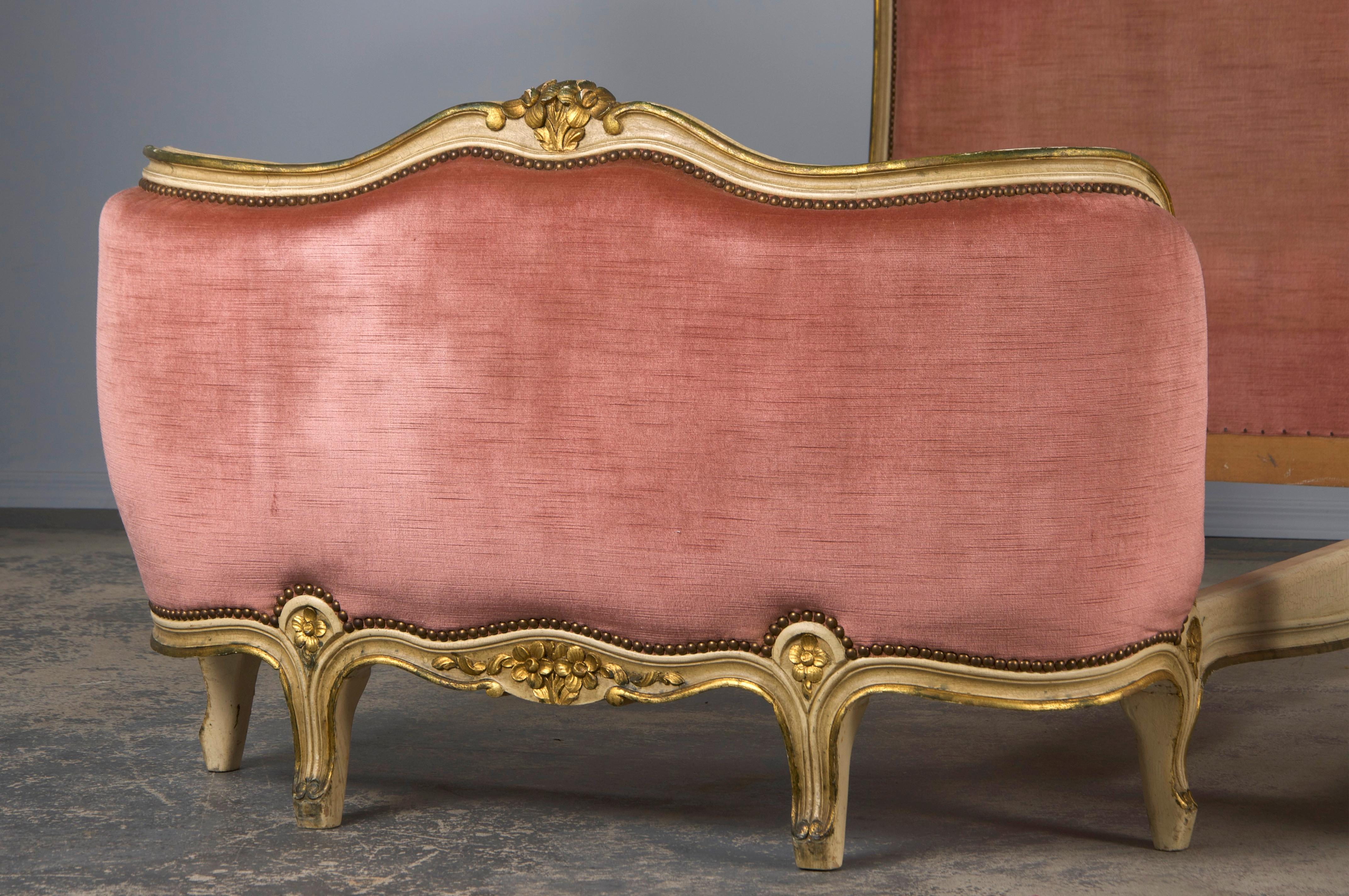 French Louis XV Style Painted Twin Size Bedframes W/ Rose Velvet - A Pair 1