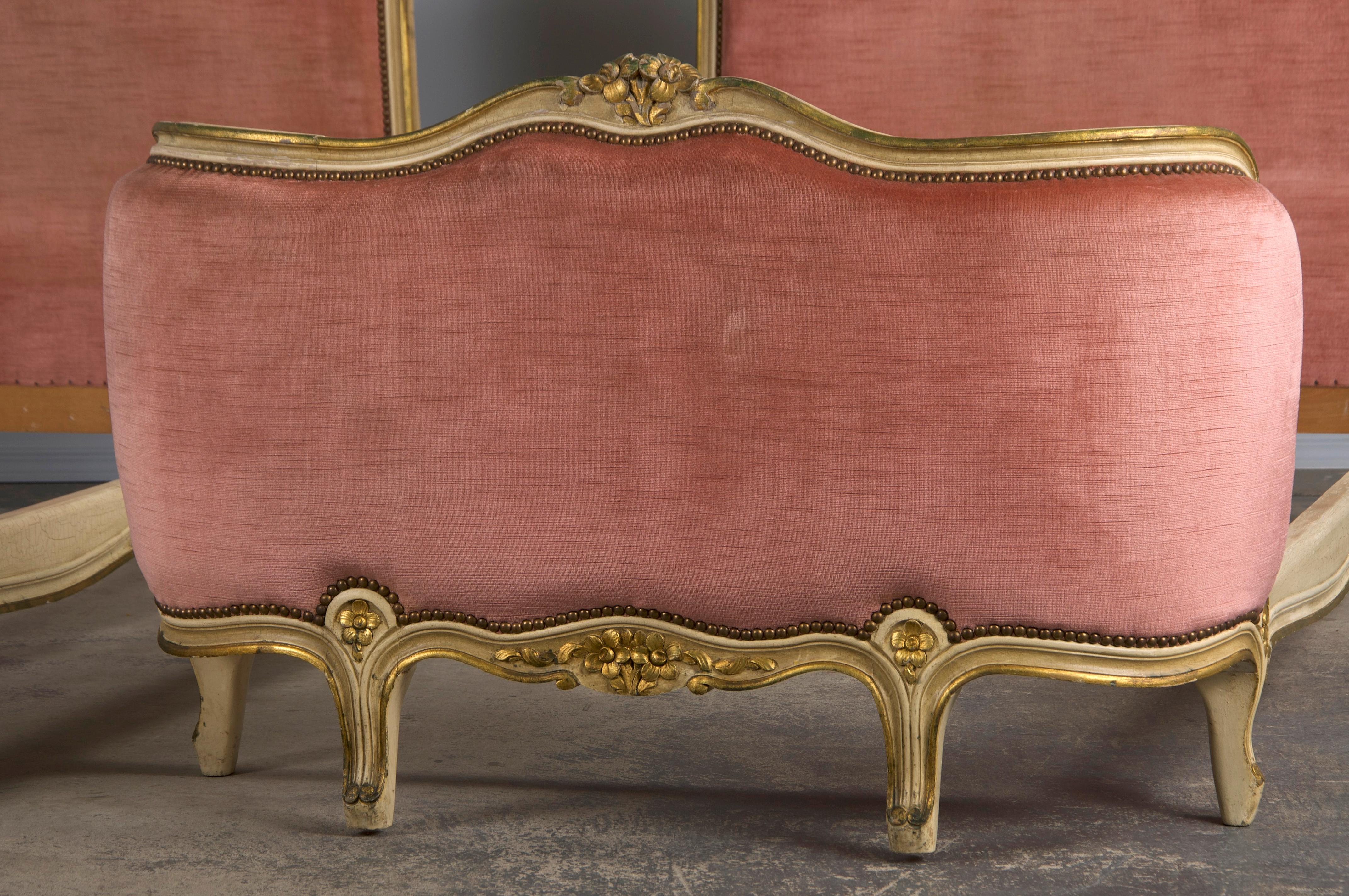 French Louis XV Style Painted Twin Size Bedframes W/ Rose Velvet - A Pair 2