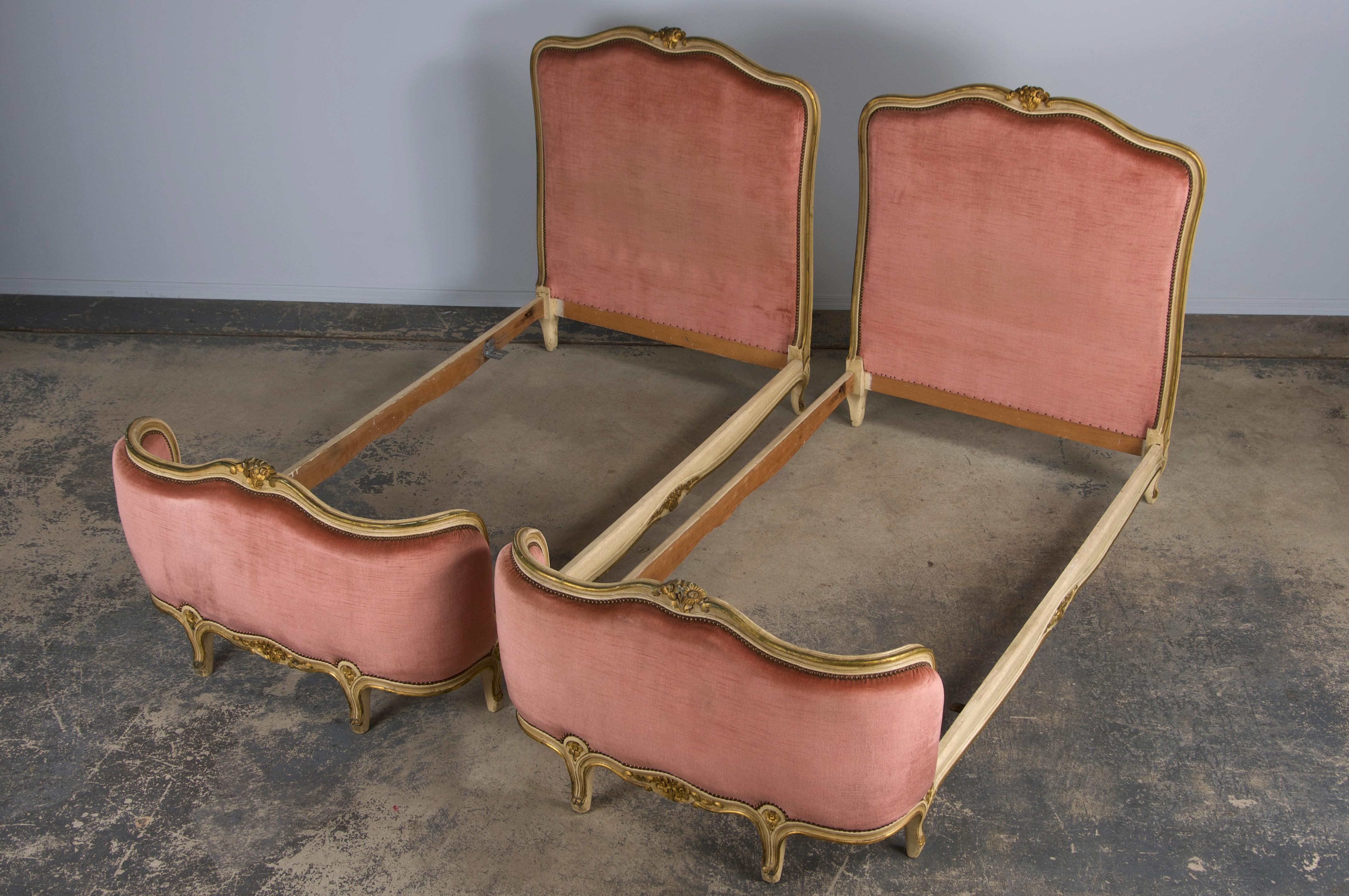 French Louis XV Style Painted Twin Size Bedframes W/ Rose Velvet - A Pair 4