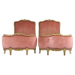 French Louis XV Style Painted Twin Size Bedframes W/ Rose Velvet - A Pair