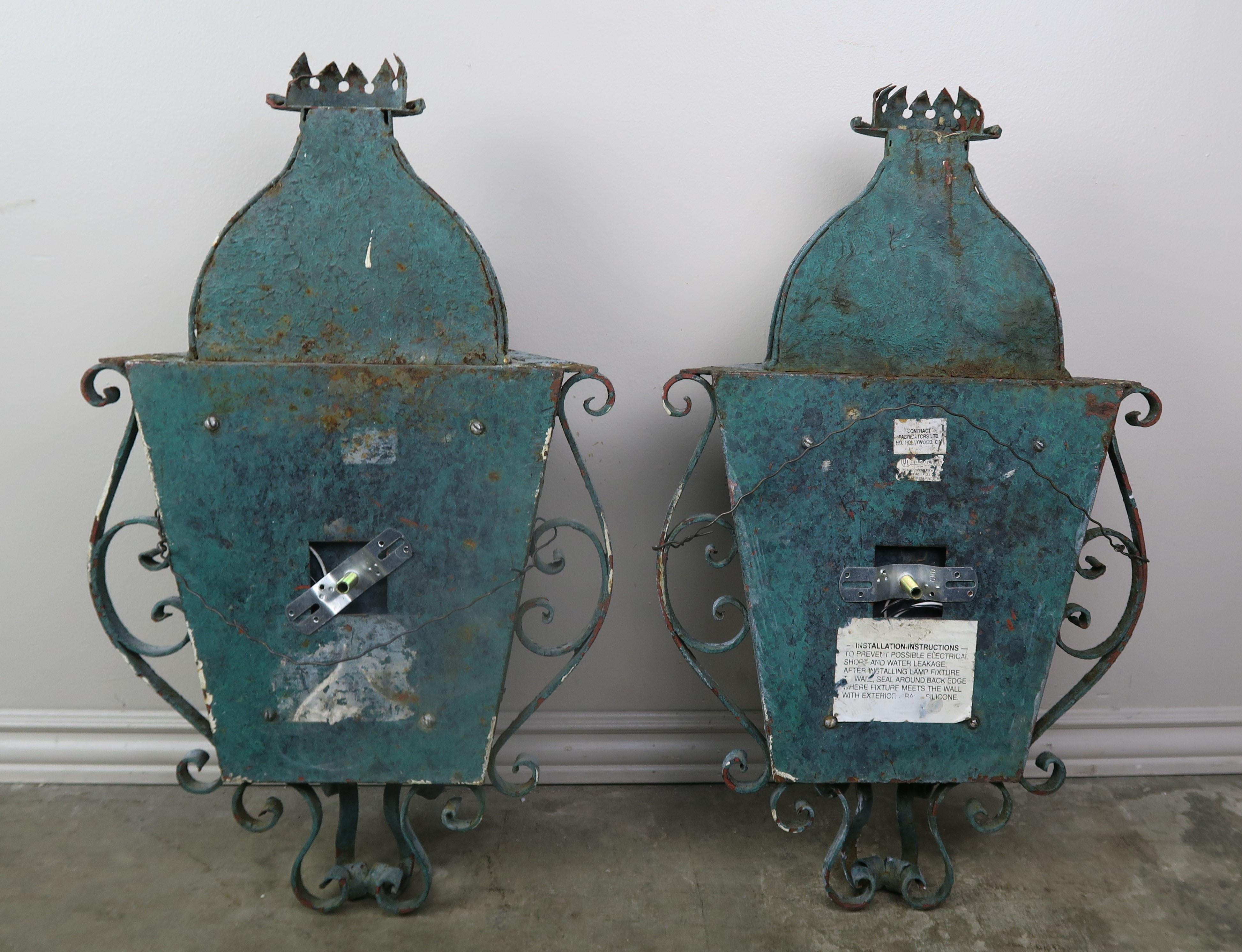 French Louis XV Style Painted Wrought Iron Lantern Sconces, Pair 5