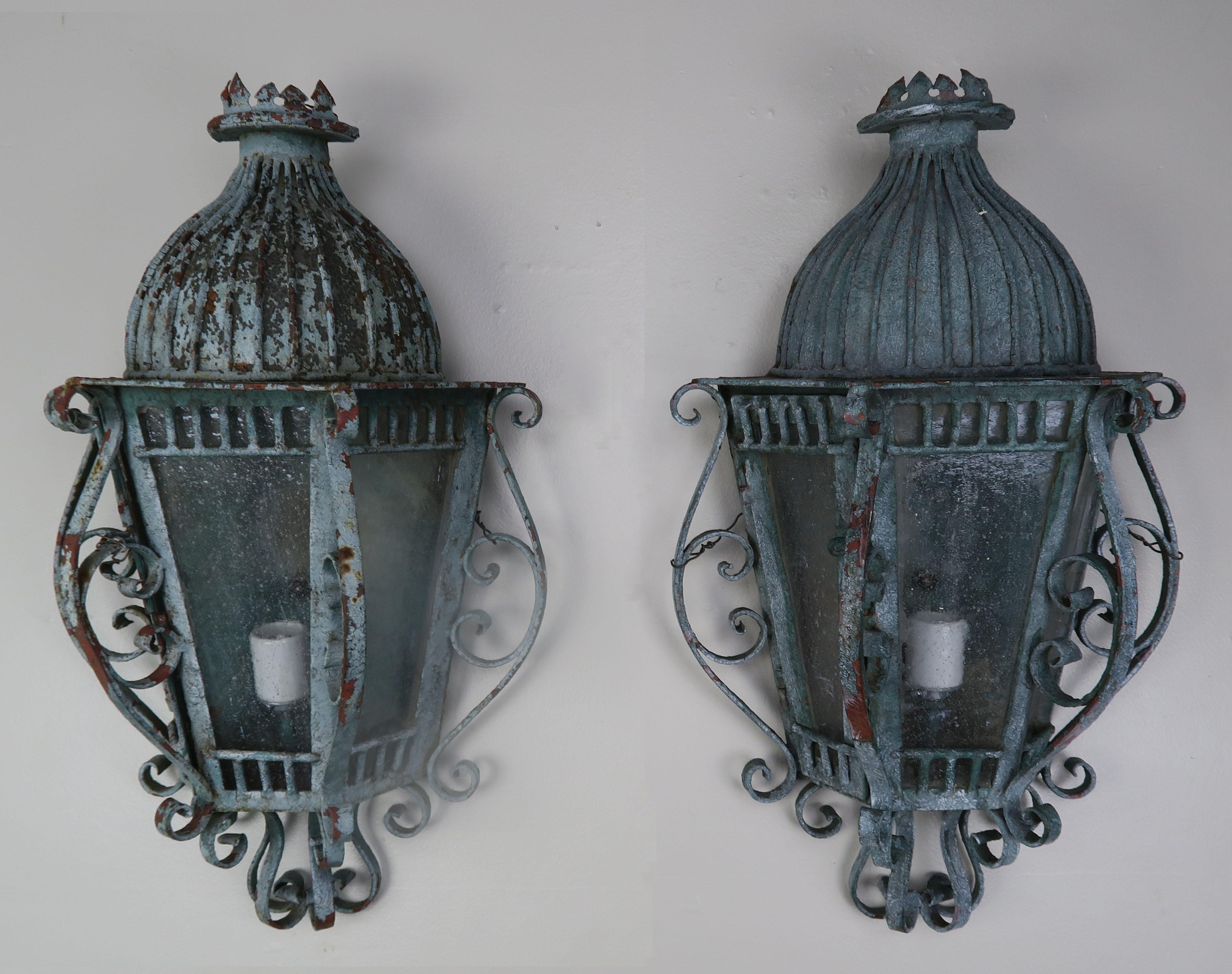 French Louis XV Style Painted Wrought Iron Lantern Sconces, Pair 6