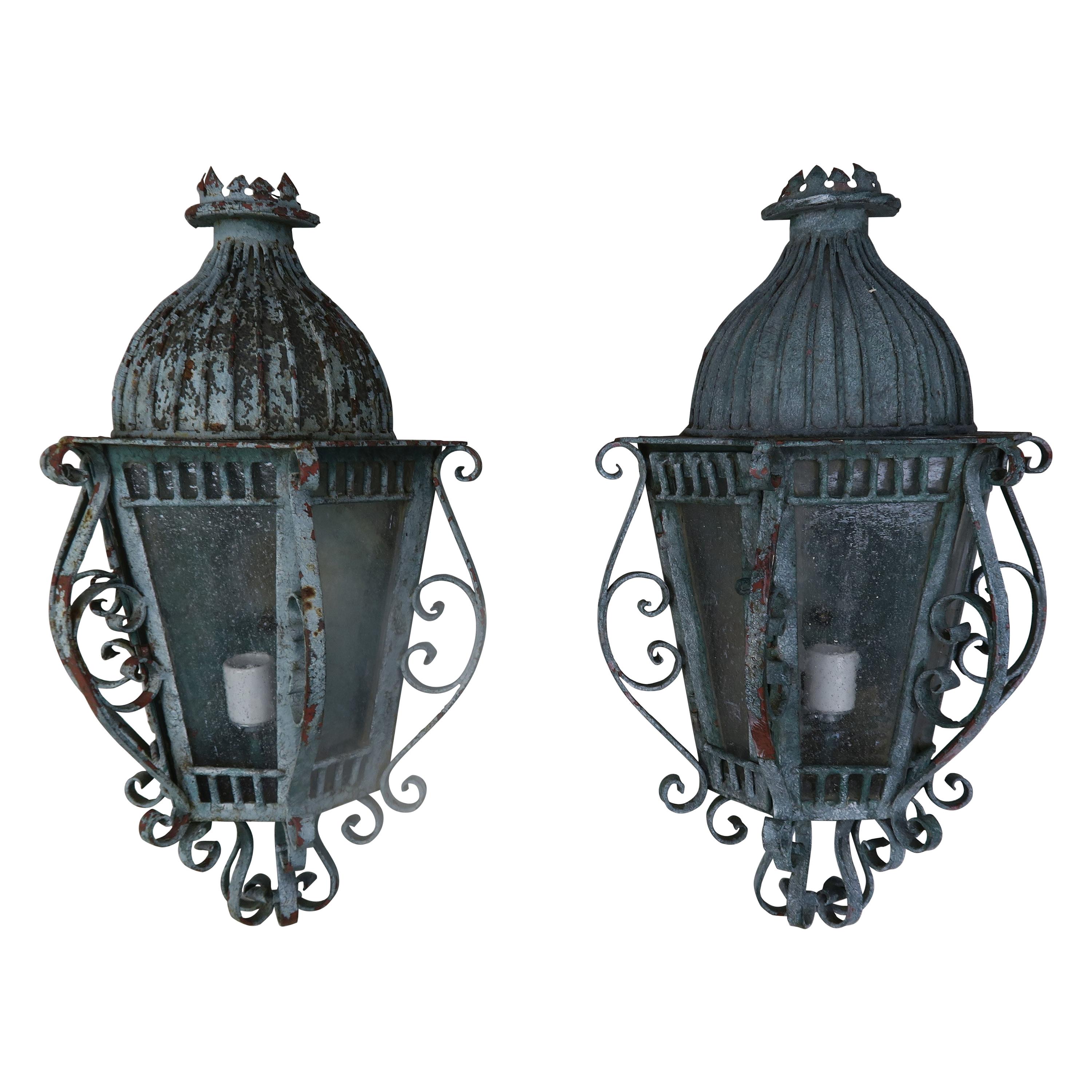 French Louis XV Style Painted Wrought Iron Lantern Sconces, Pair
