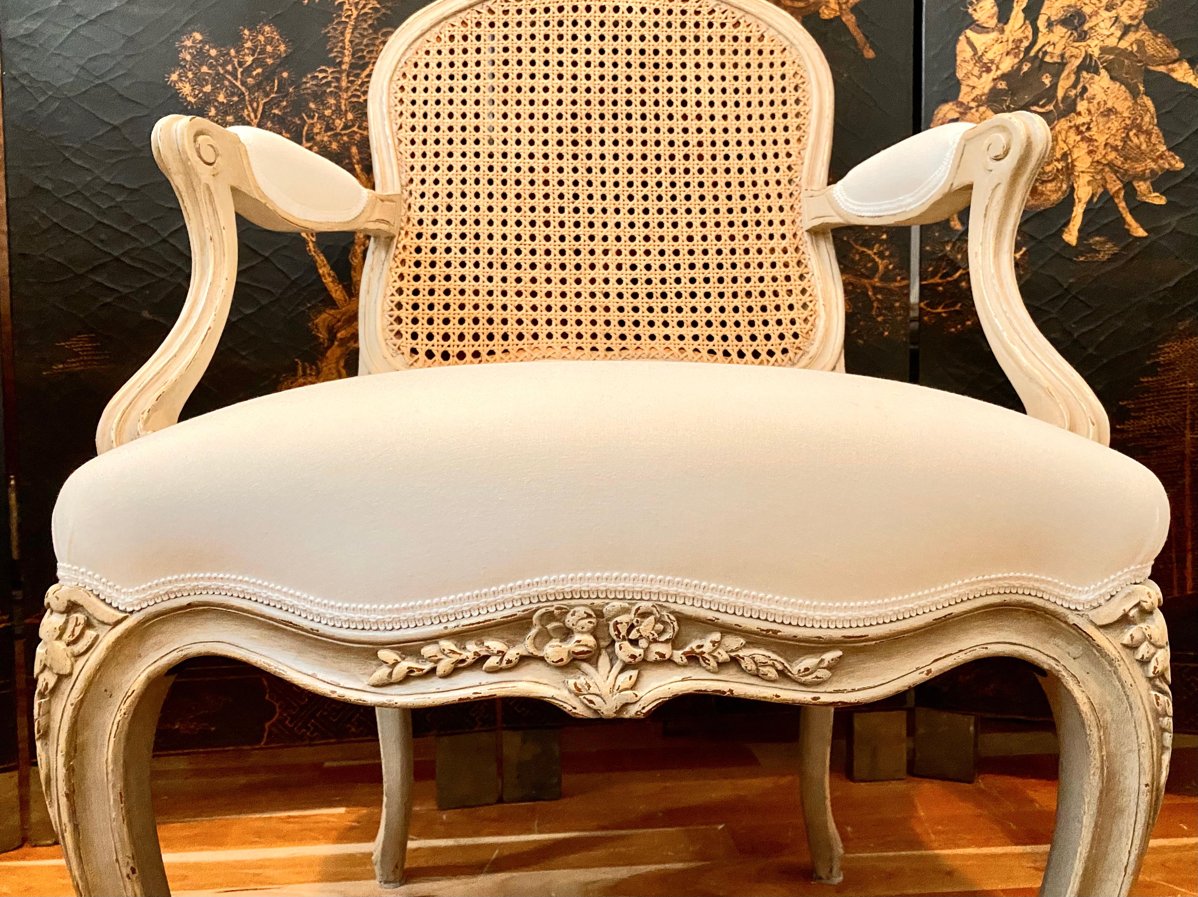 French Louis XV Style Pair of Armchairs, Caned Seatback, 6 Available For Sale 9