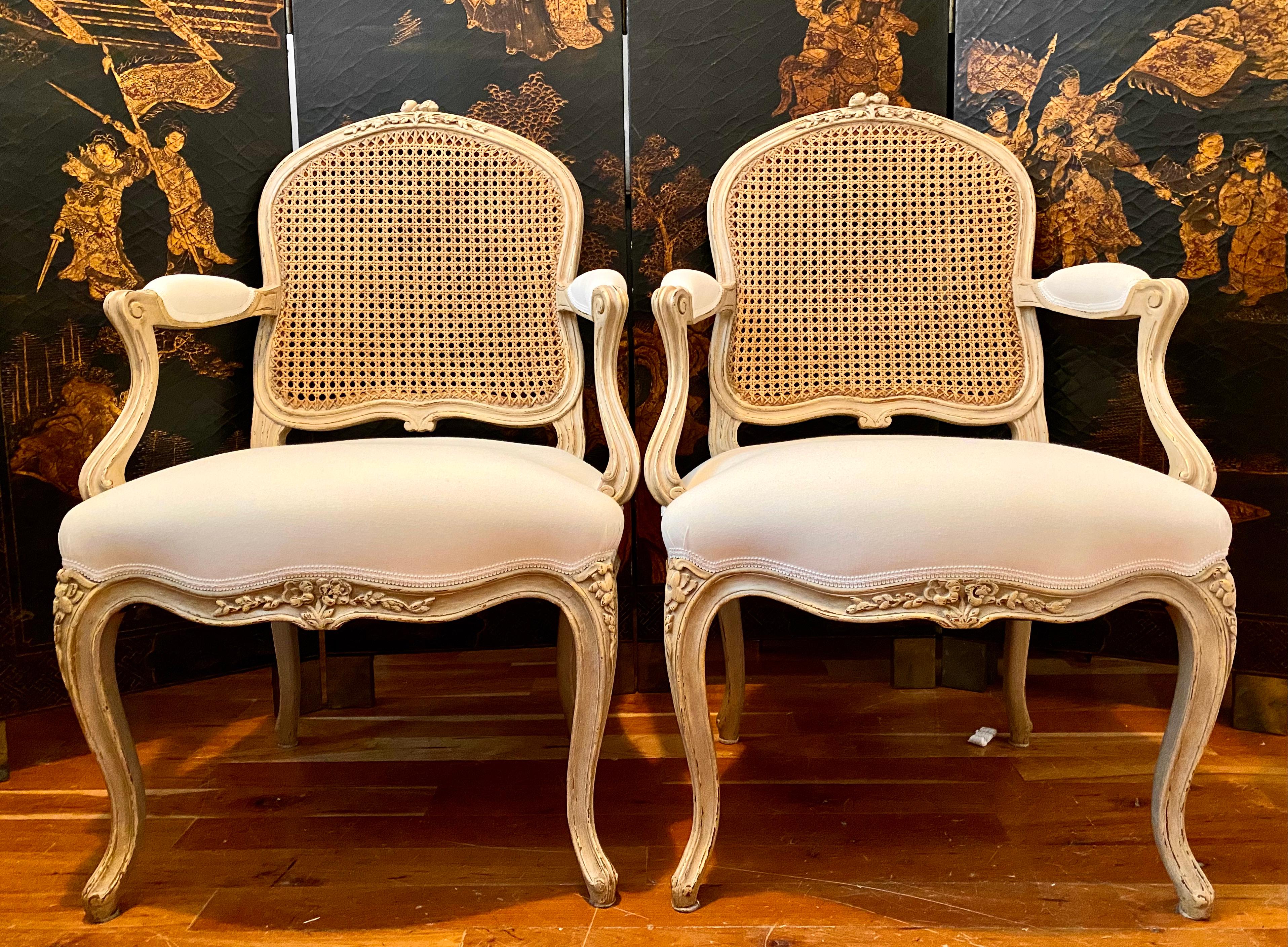 Caning French Louis XV Style Pair of Armchairs, Caned Seatback, 6 Available For Sale