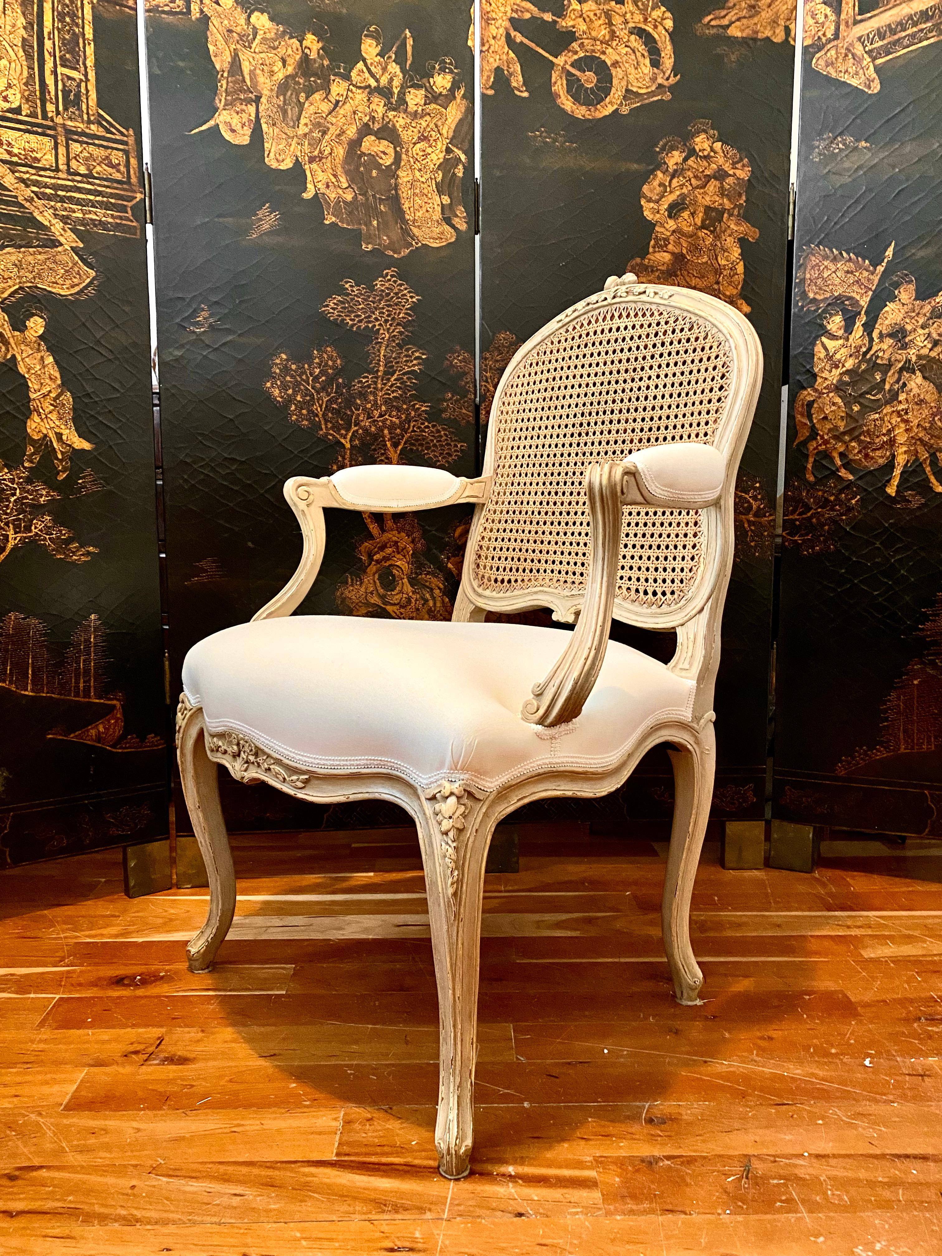 Upholstery French Louis XV Style Pair of Armchairs, Caned Seatback, 6 Available For Sale