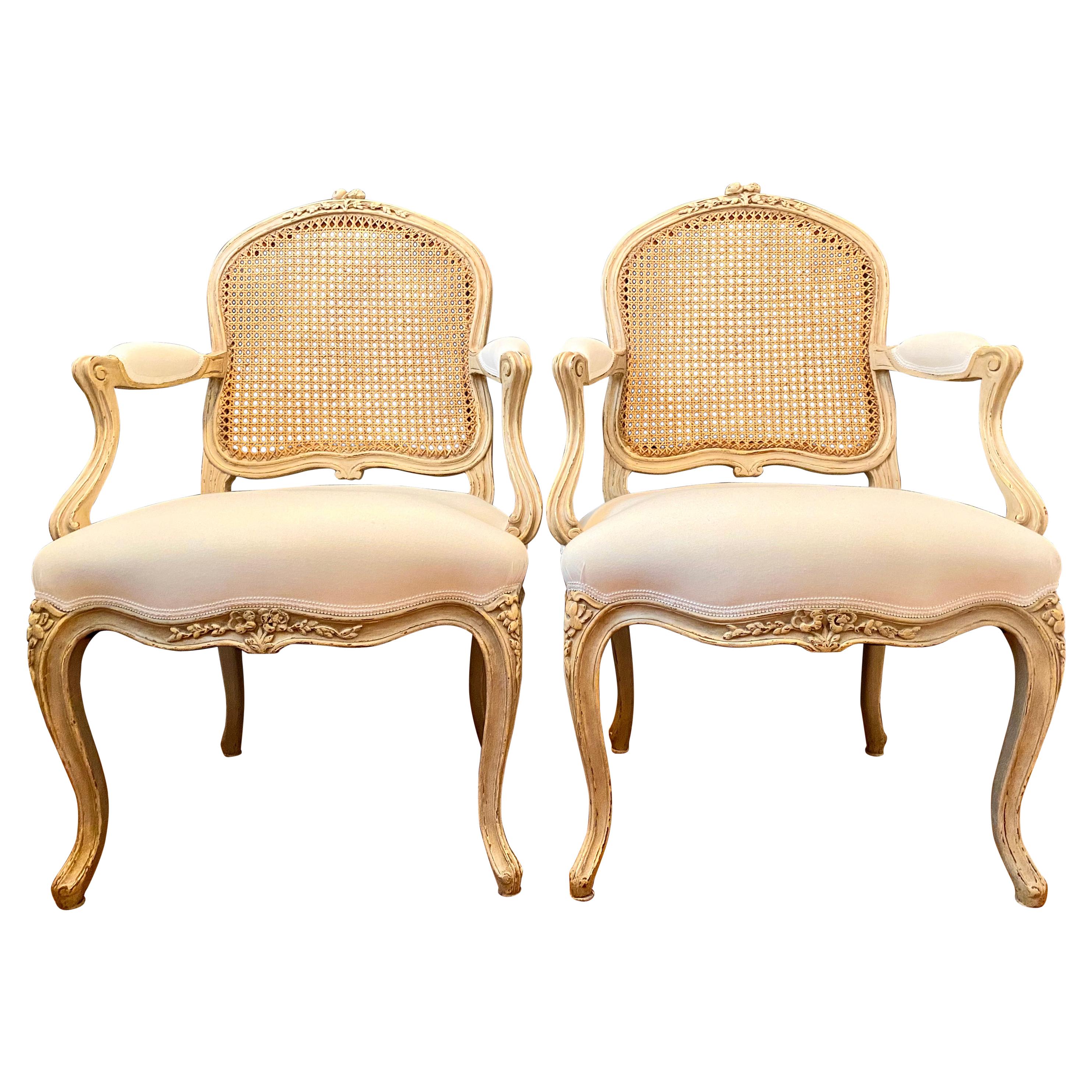French Louis XV Style Pair of Armchairs, Caned Seatback, 6 Available