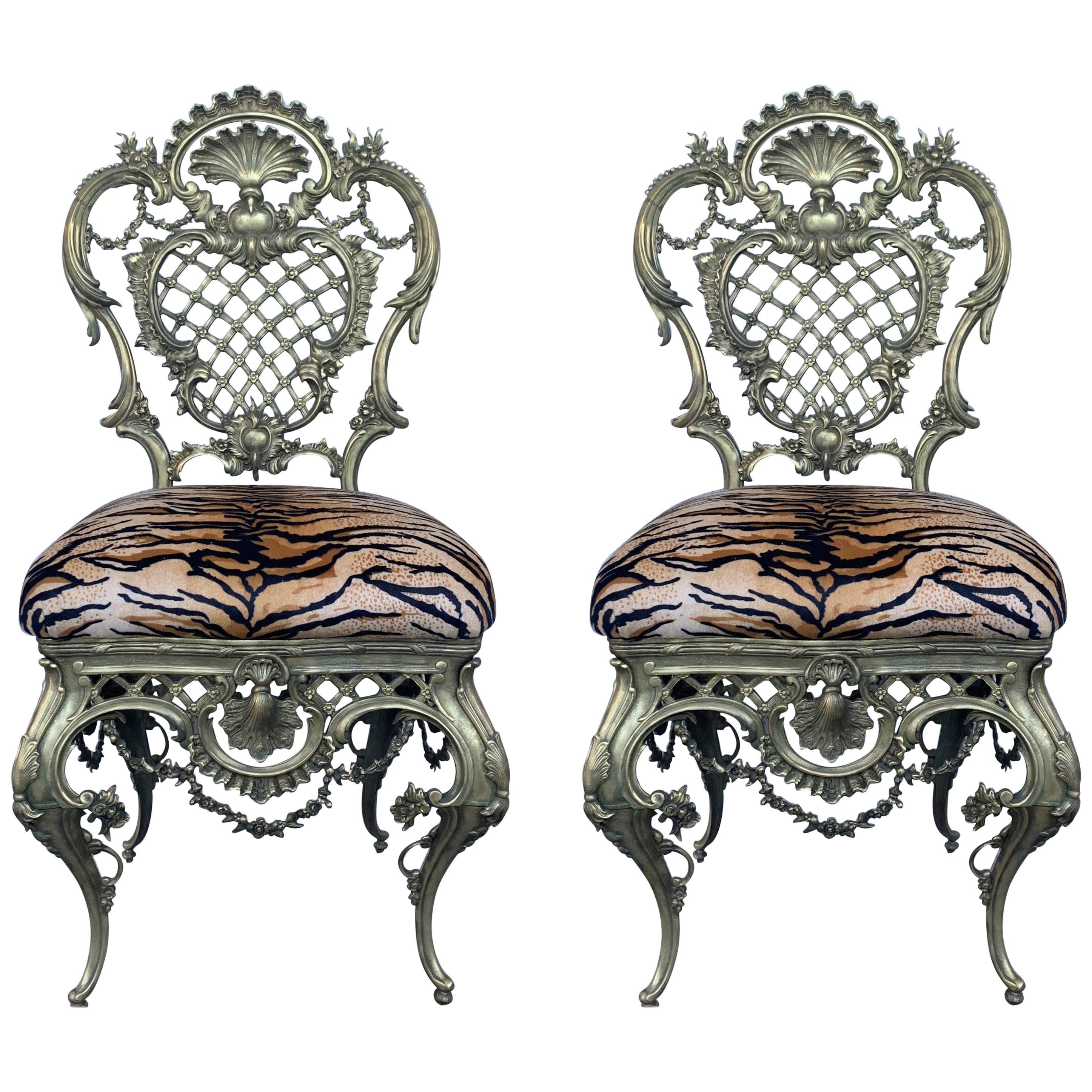 French Louis XV Style Pair of Bronze Side Chairs For Sale