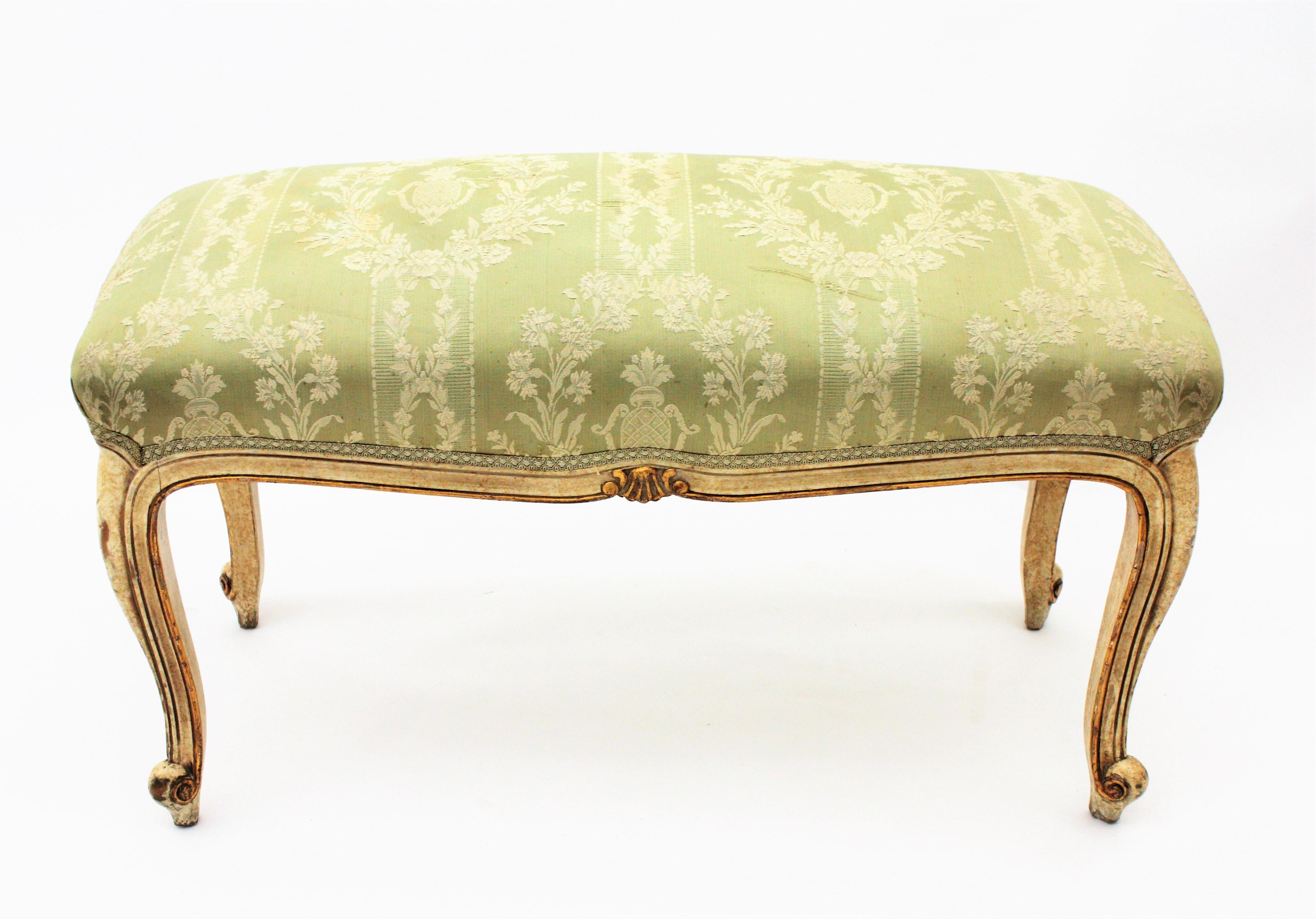 French Louis XV Style Parcel-Gilt Carved Wood Ivory Painted Bench / Stool 8