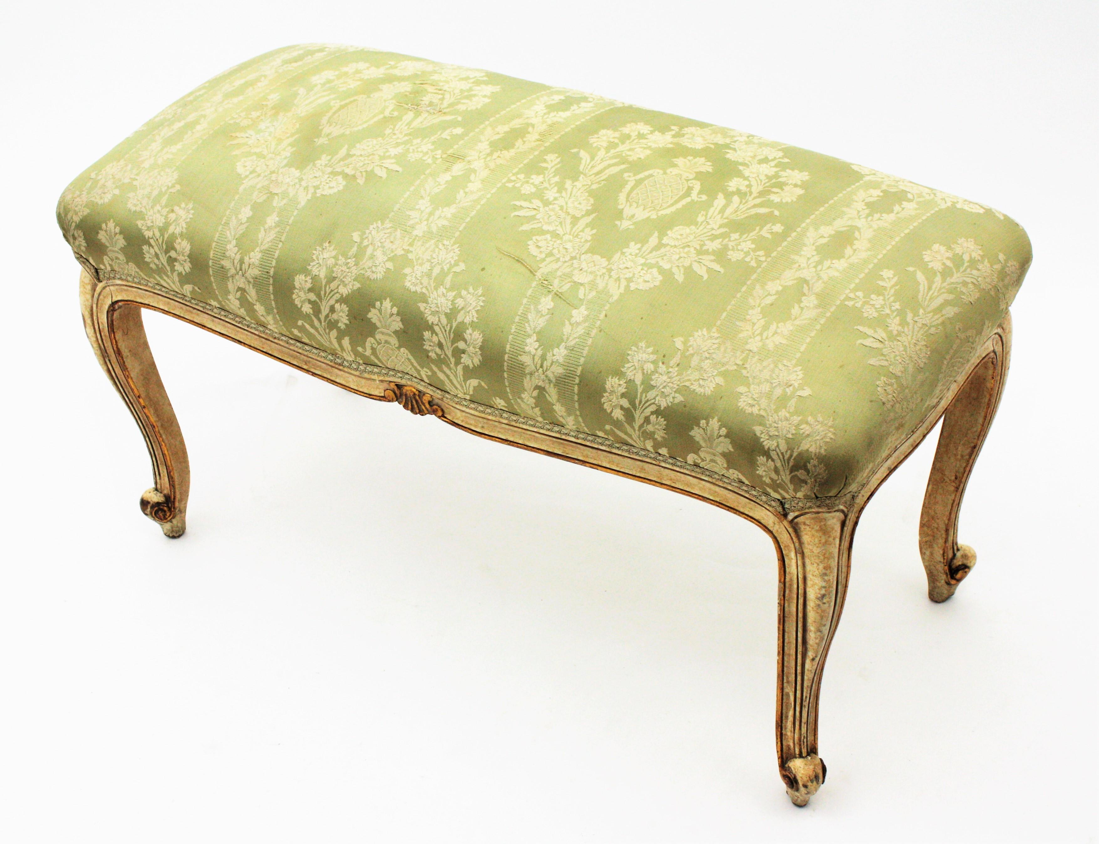 French Louis XV Style Parcel-Gilt Carved Wood Ivory Painted Bench / Stool 11