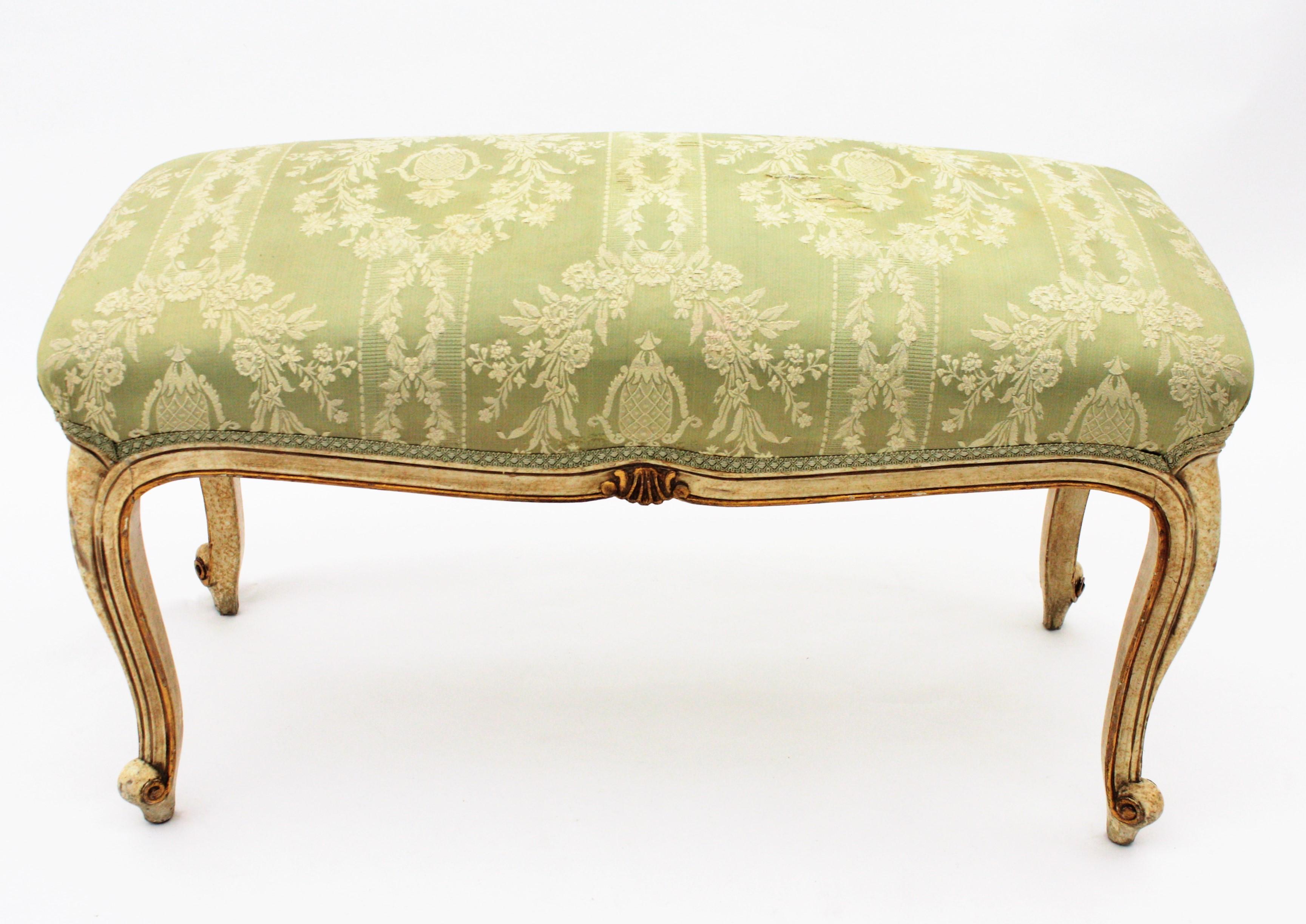 French Louis XV Style Parcel-Gilt Carved Wood Ivory Painted Bench / Stool 12