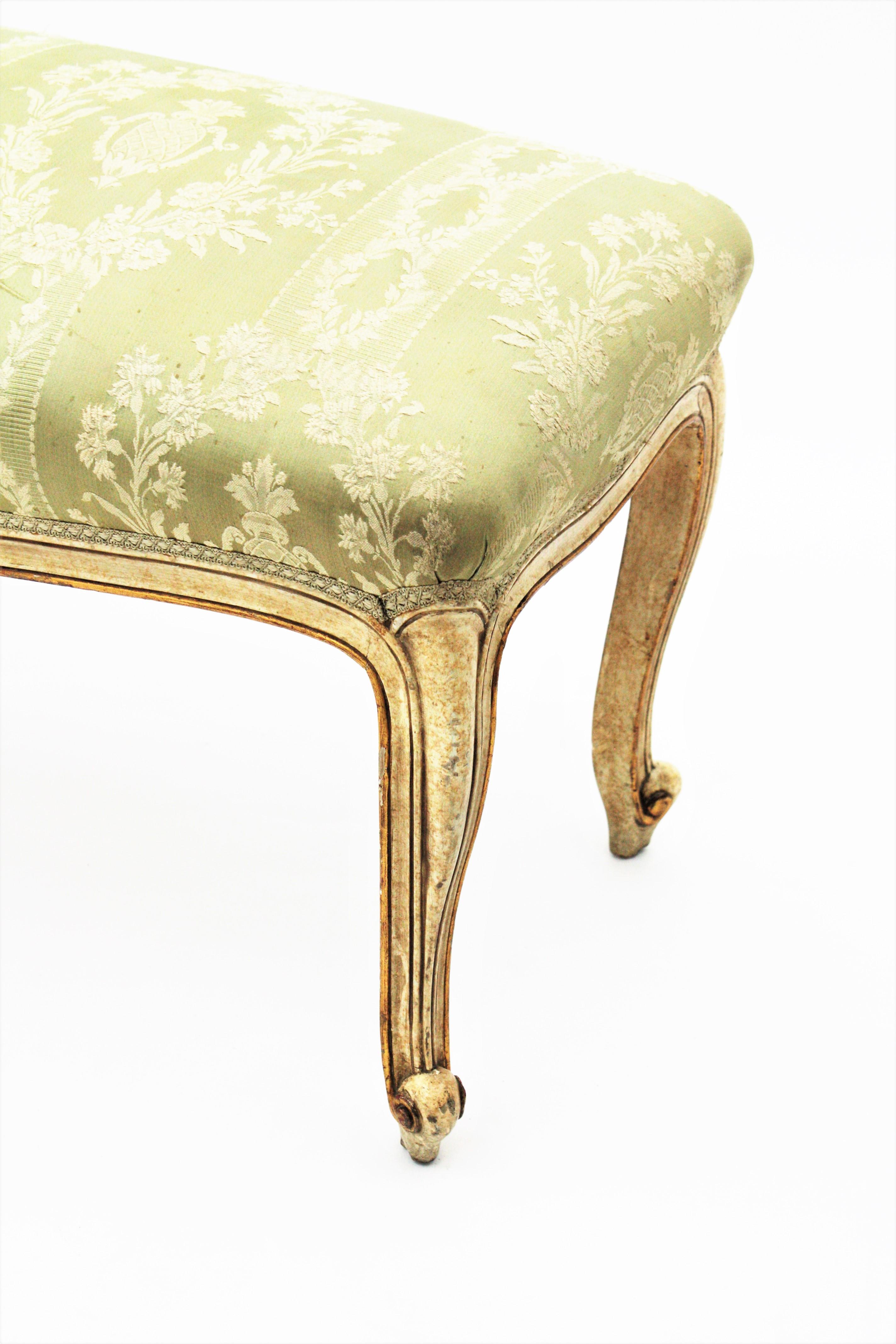 French Louis XV Style Parcel-Gilt Carved Wood Ivory Painted Bench / Stool 13