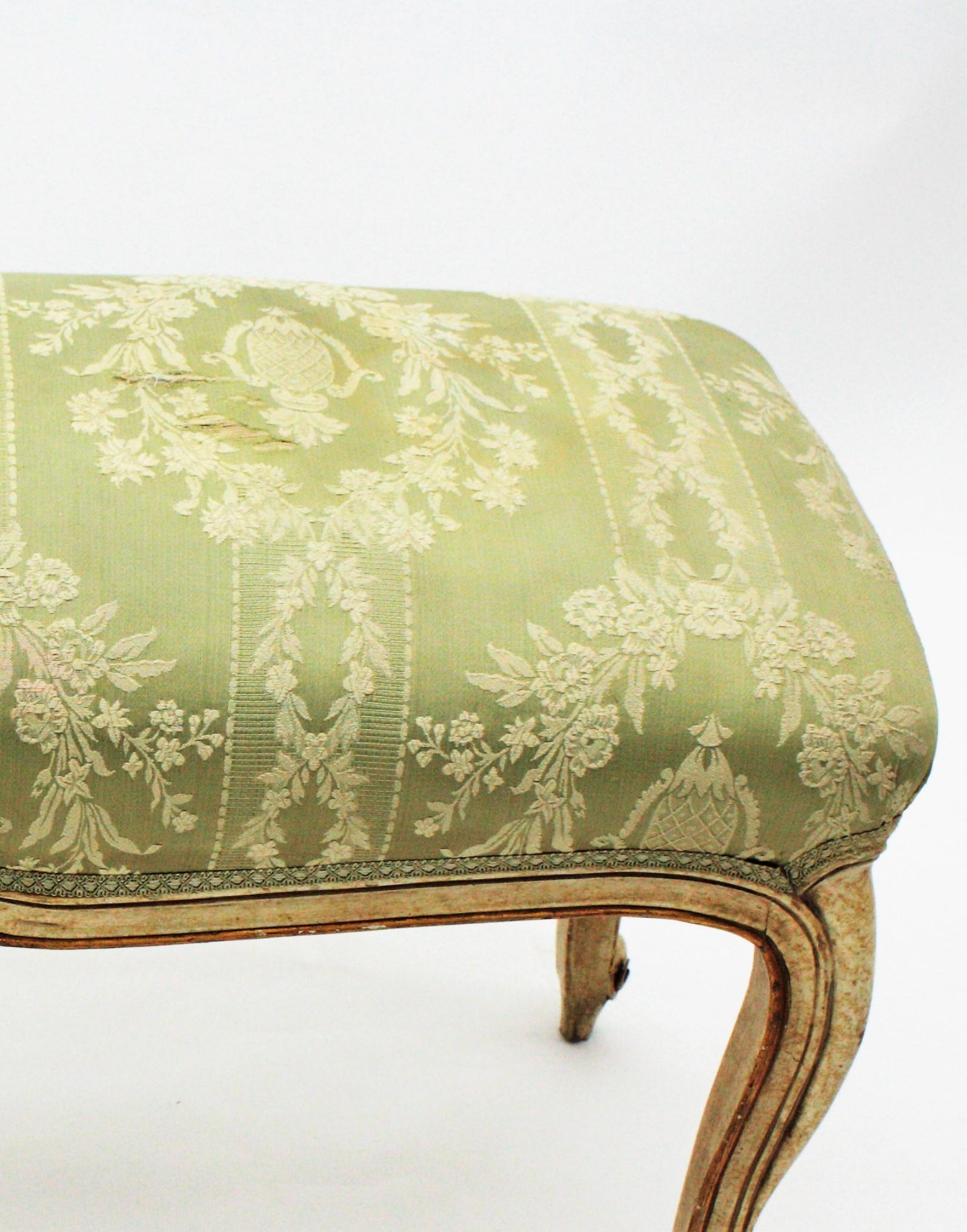 French Louis XV Style Parcel-Gilt Carved Wood Ivory Painted Bench / Stool 15