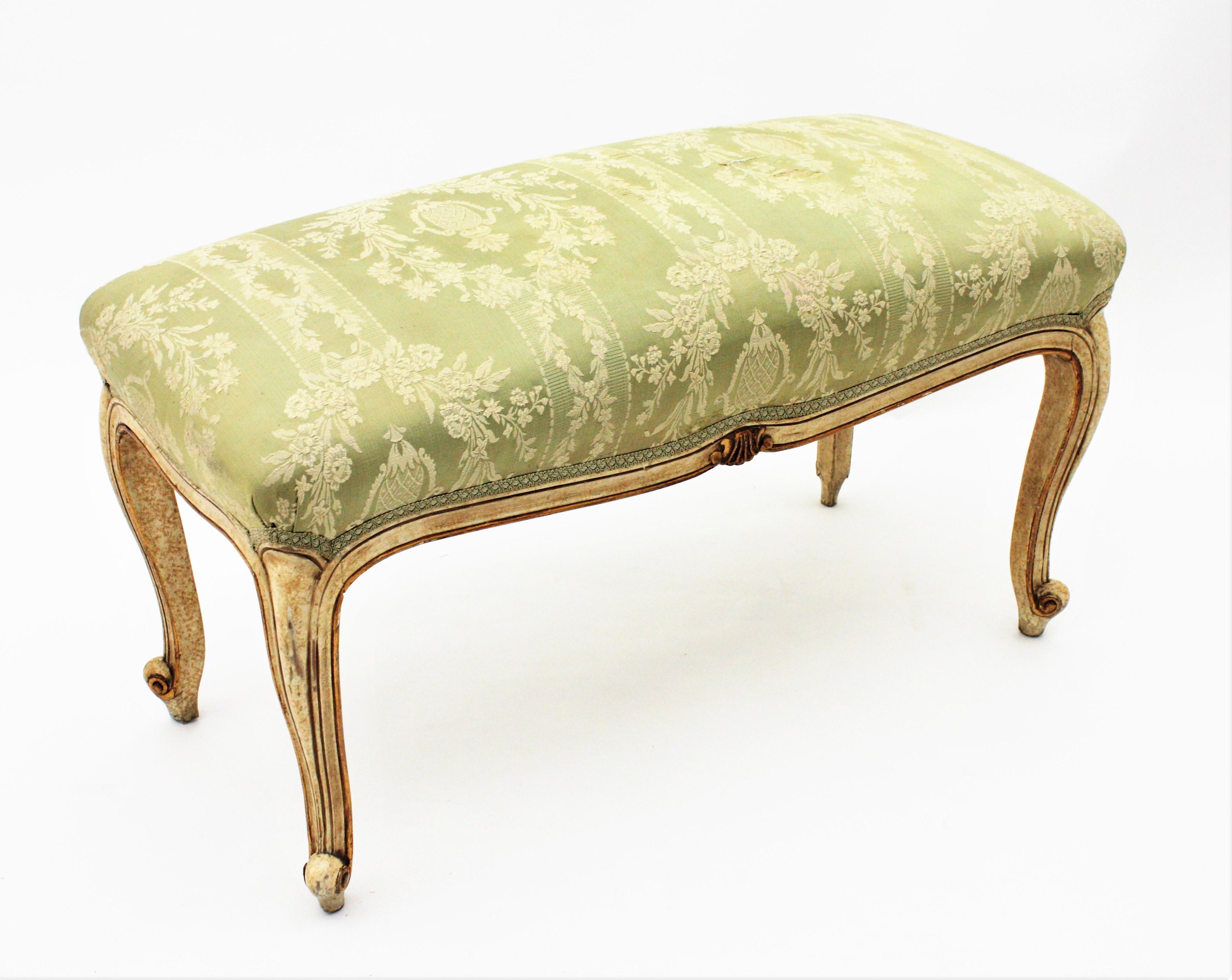 French Louis XV Style Parcel-Gilt Carved Wood Ivory Painted Bench / Stool 1