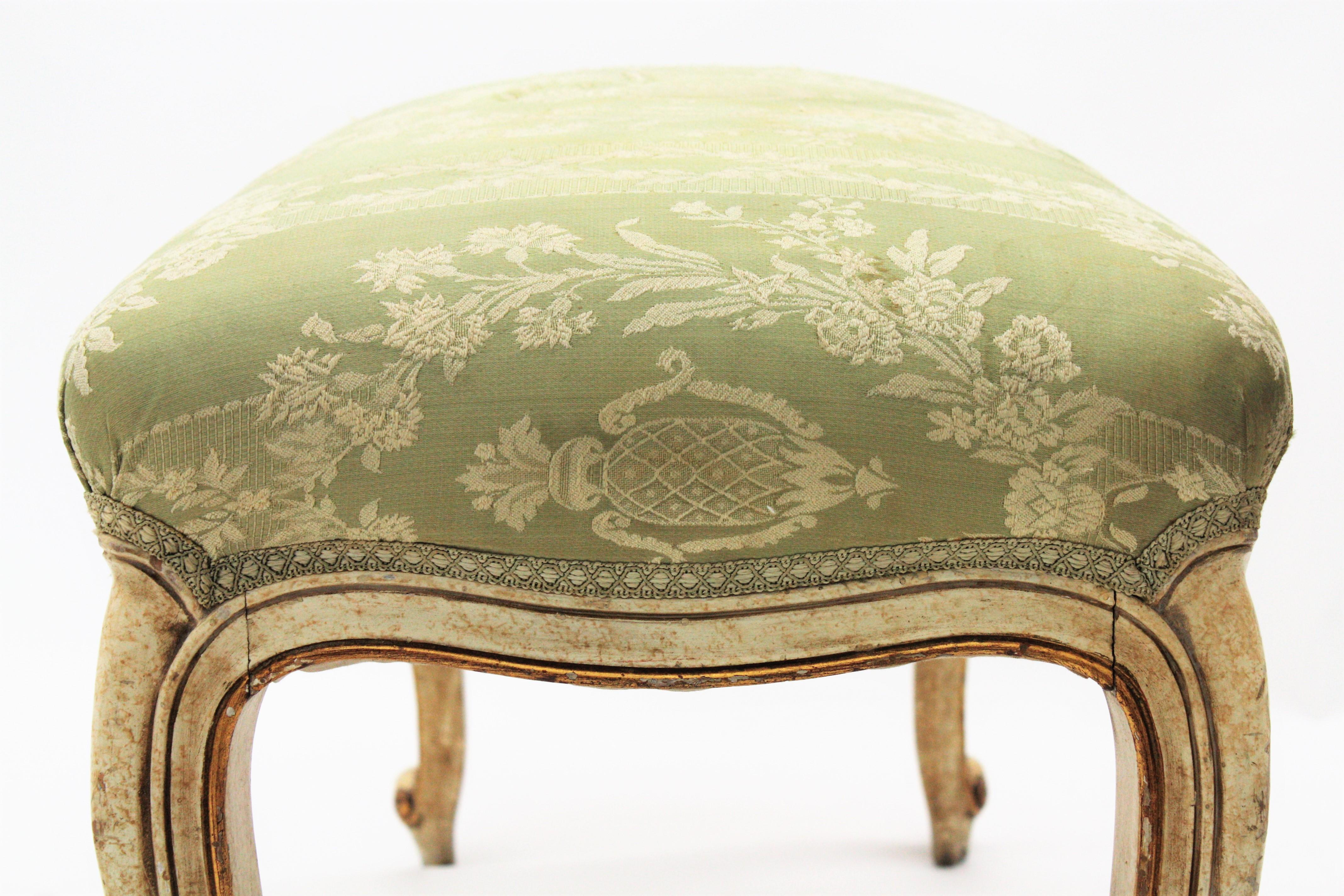 French Louis XV Style Parcel-Gilt Carved Wood Ivory Painted Bench / Stool 3